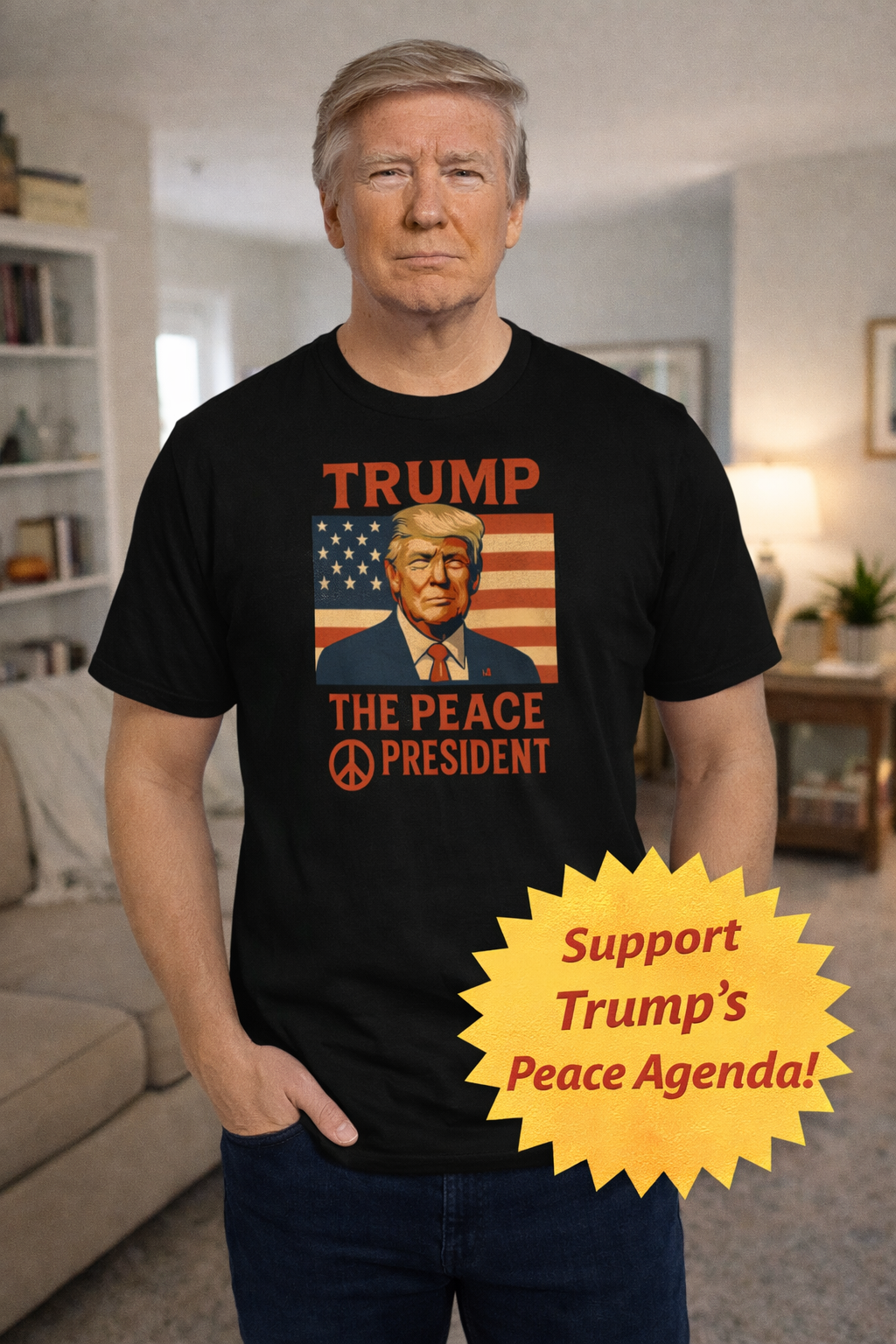 Trump The Peace President Patriotic T-Shirt  |  Bold USA Flag Design  |  Pro-America Apparel | 4 colors -100% cotton