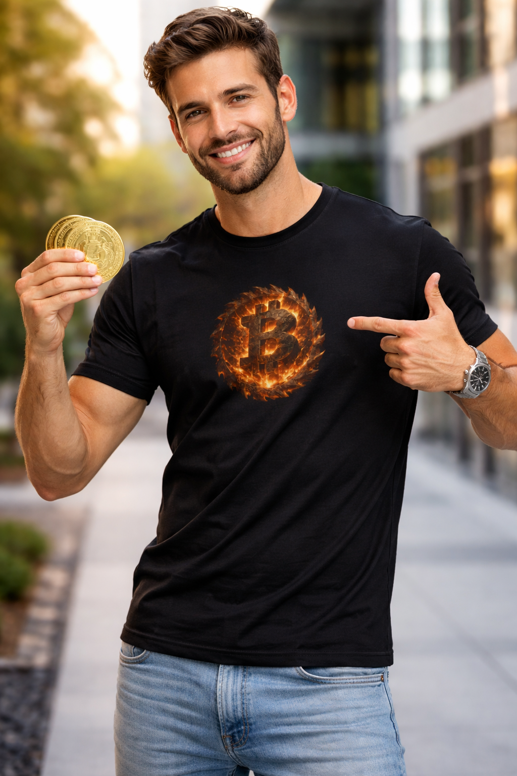 Fiery Bitcoin TShirt | Crypto Investor Shirt | Bitcoin Holder Tee | Crypto Wealth Streetwear| Burning Crypto Emblem | 4 colors - 100% cotton