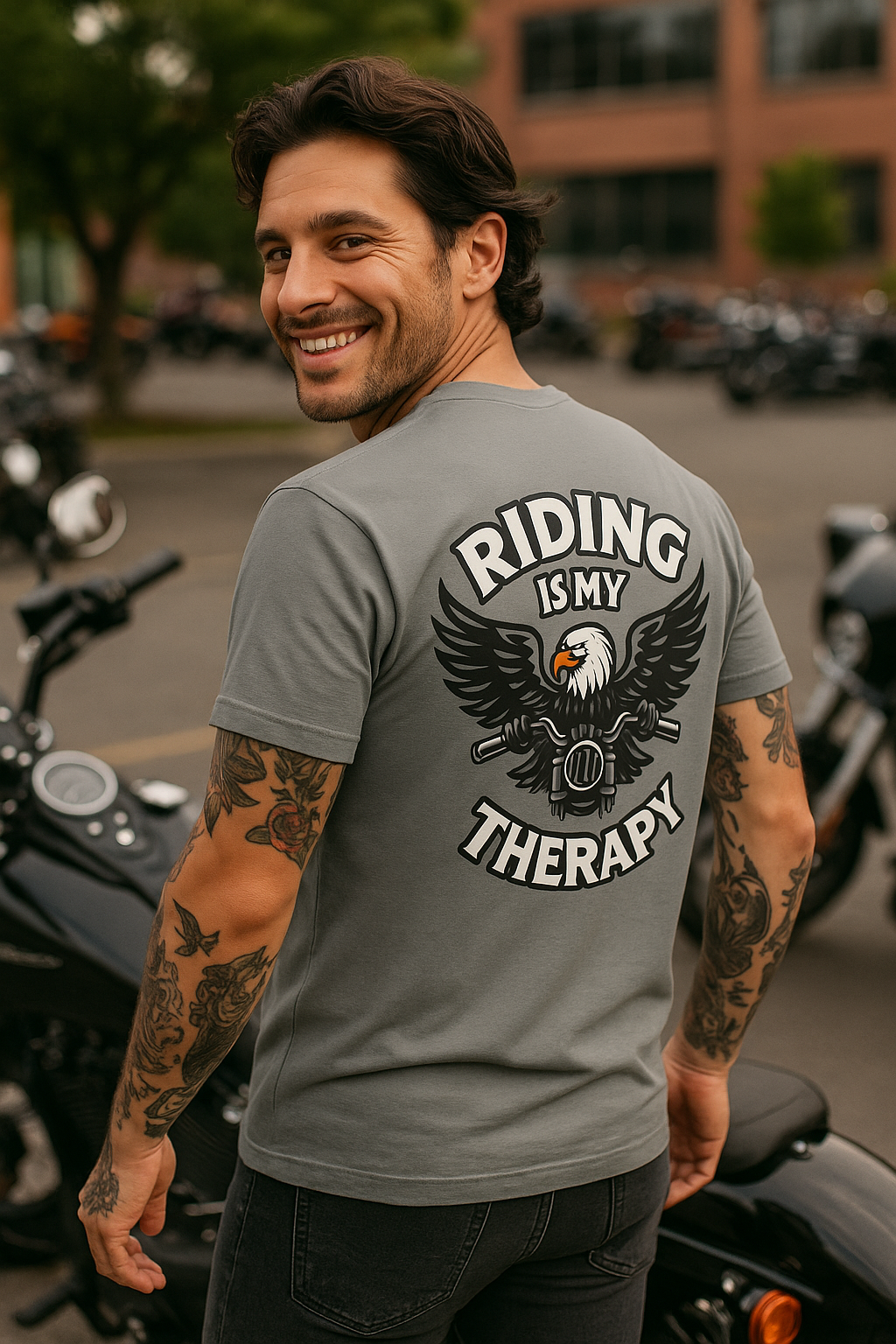 Riding is my Therapy Eagle Motorcycle T-Shirt | Harley Biker Graphic Tee | 8 colors - 100% cotton