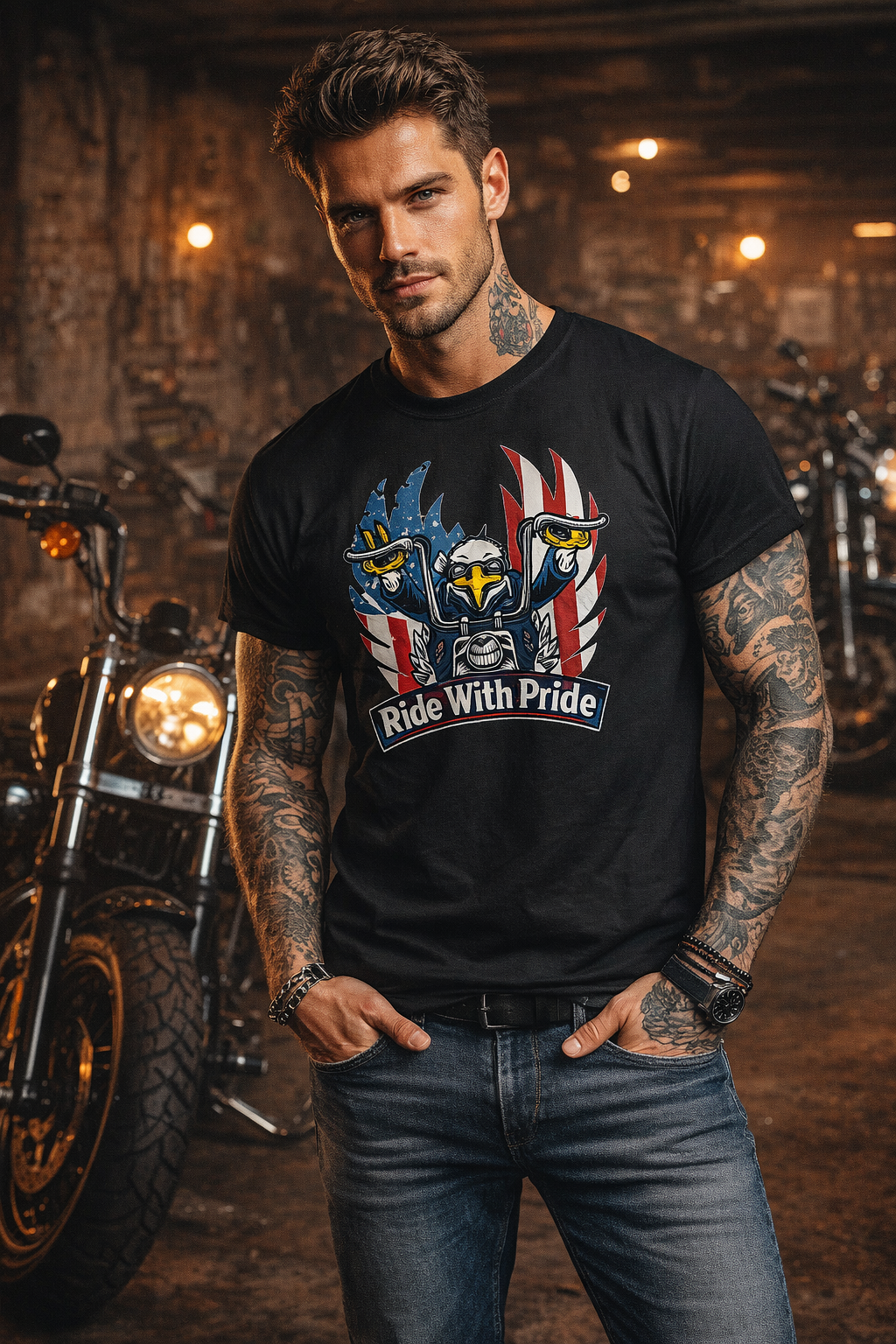 Ride With Pride Motorcycle T-Shirt | Harley Inspired Tee | American Freedom Motorcycle Shirt | 6 colors - 100% cotton