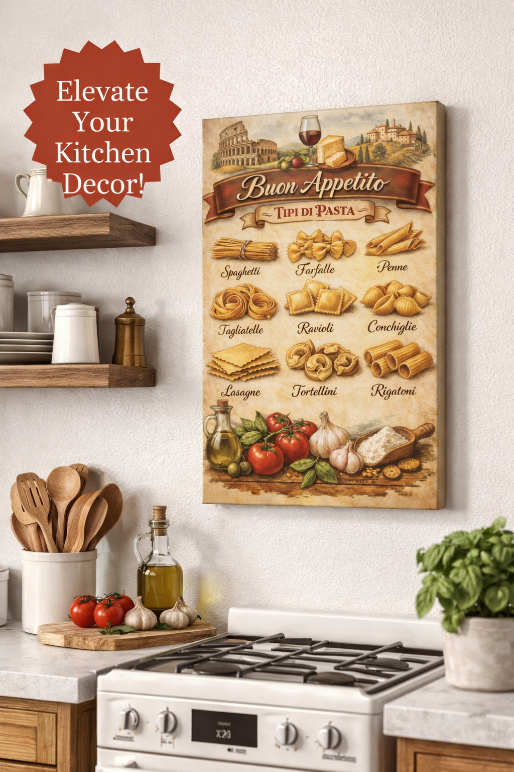 Buon Appetito Italian Pasta Chart Canvas | Italian Kitchen Decor | Pasta Types Poster | Rustic Tuscan Cooking Wall Art | 16 x 24