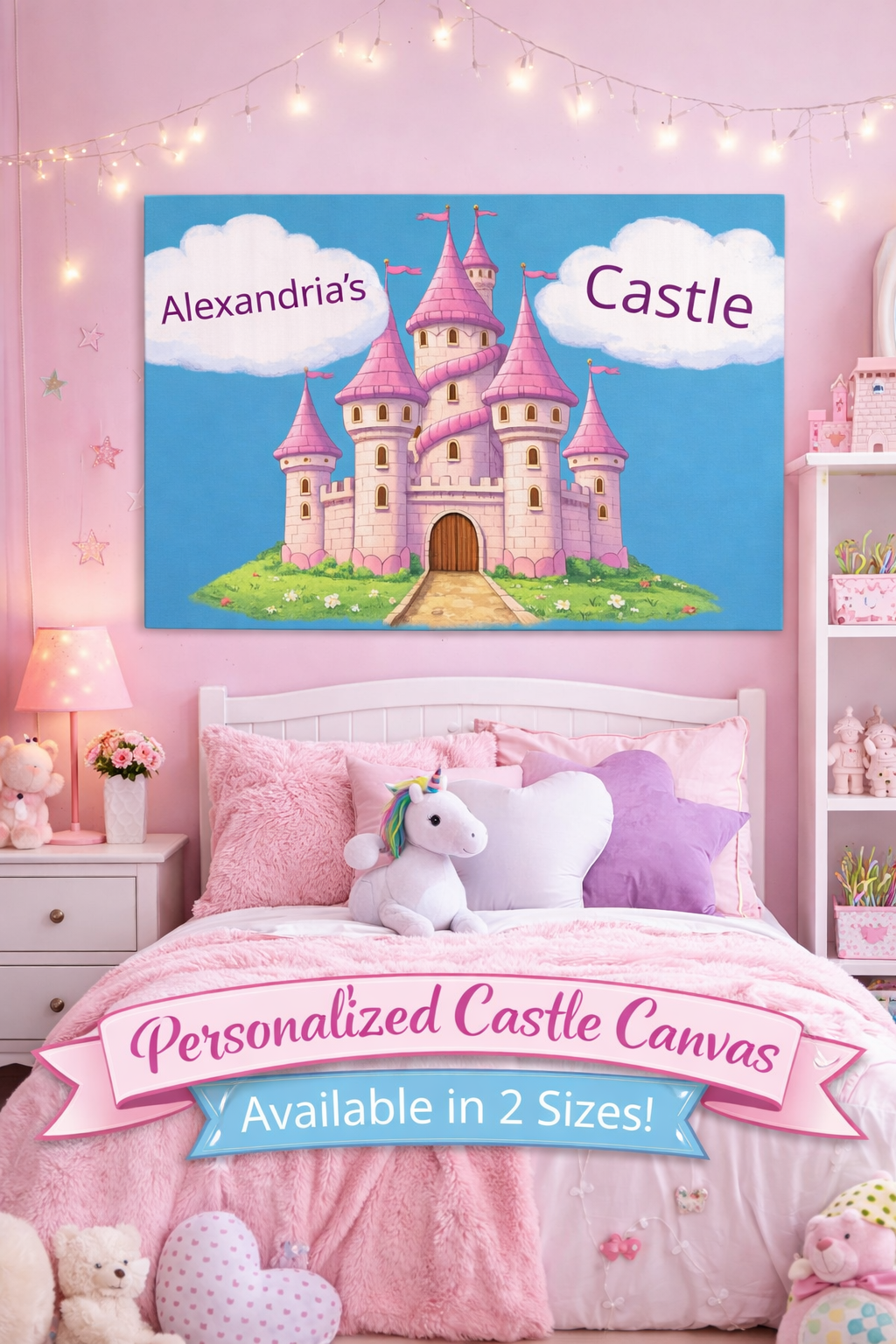 Personalized Princess Castle Canvas | Custom Girls Name Wall Art | Pink Fairytale Castle Decor | Kids Princess Room Art | Girl Nursery Gift