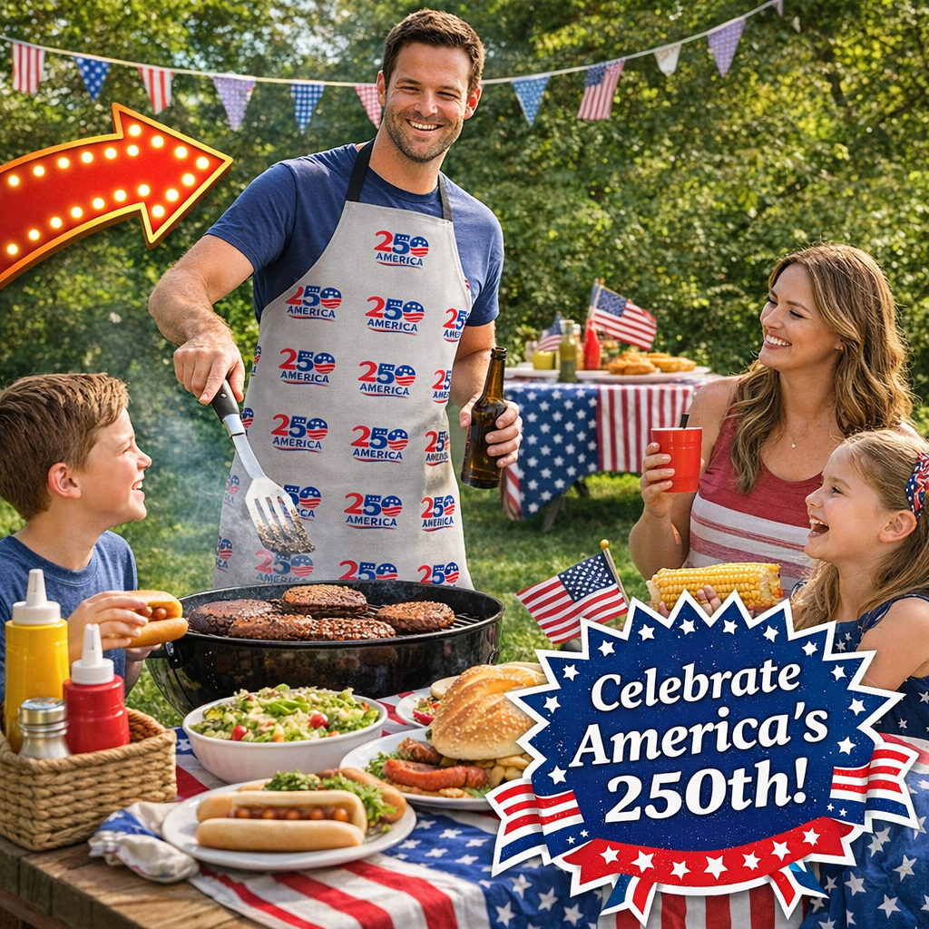 BBQ Apron to help Celebrate America's 250th in Style while Grilling , Cooking or Hosting your next Backyard BBQ | One size: 31.5" x 25.6"
