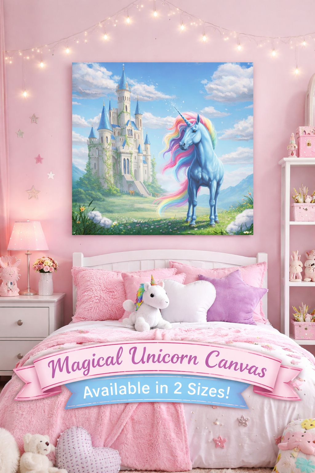 Magical Unicorn Castle Canvas Wall Art | Girls Unicorn Bedroom Decor | Fantasy Princess Room Wall Art  | 16x16 or 24x24