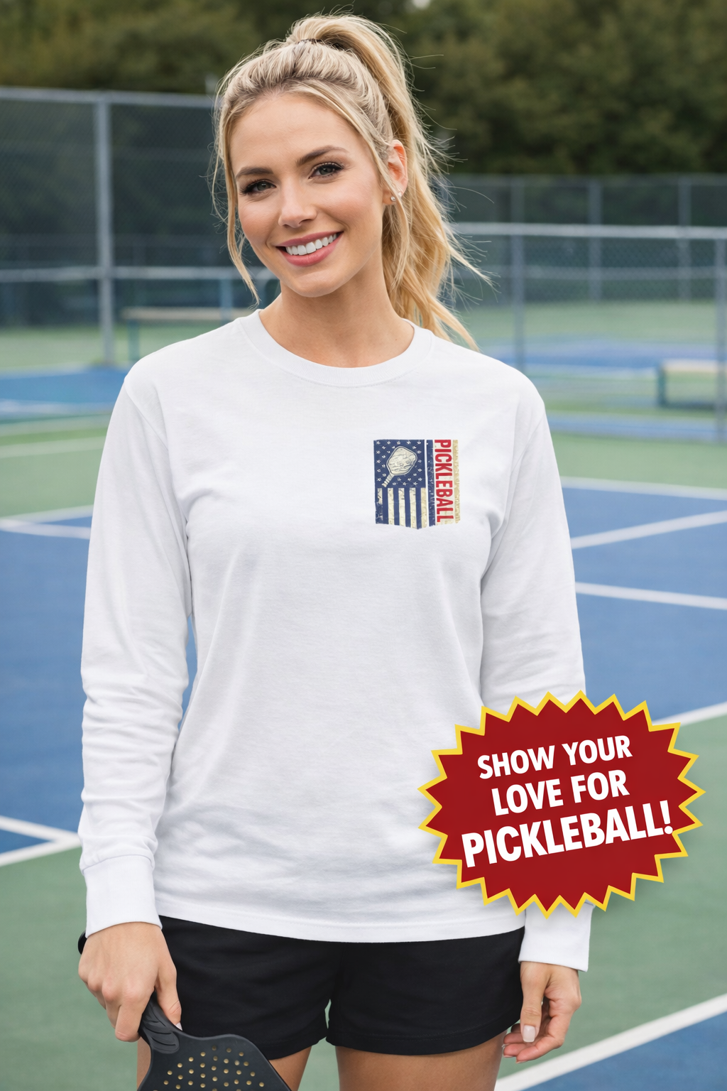 Women's Pickleball Flag Long Sleeve Shirt | Vintage Patriotic USA Pickleball TShirt Tee | Court Player Gift | 7 colors - 100% cotton