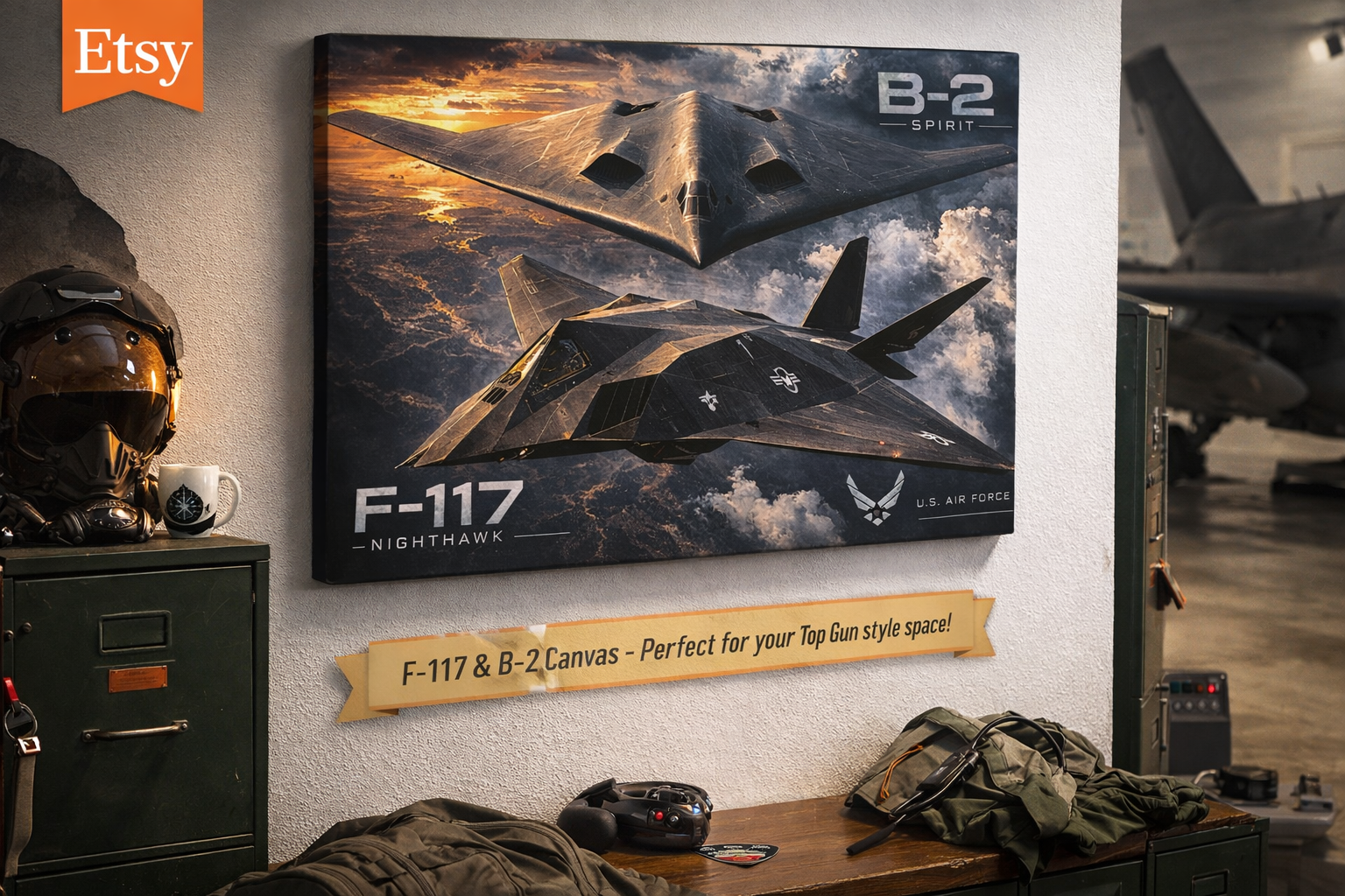 F-117 Nighthawk & B-2 Spirit Stealth Bomber Canvas | Fighter Jet Wall Art | Military Aviation Decor | Air Force Aircraft Canvas | 24 x 16