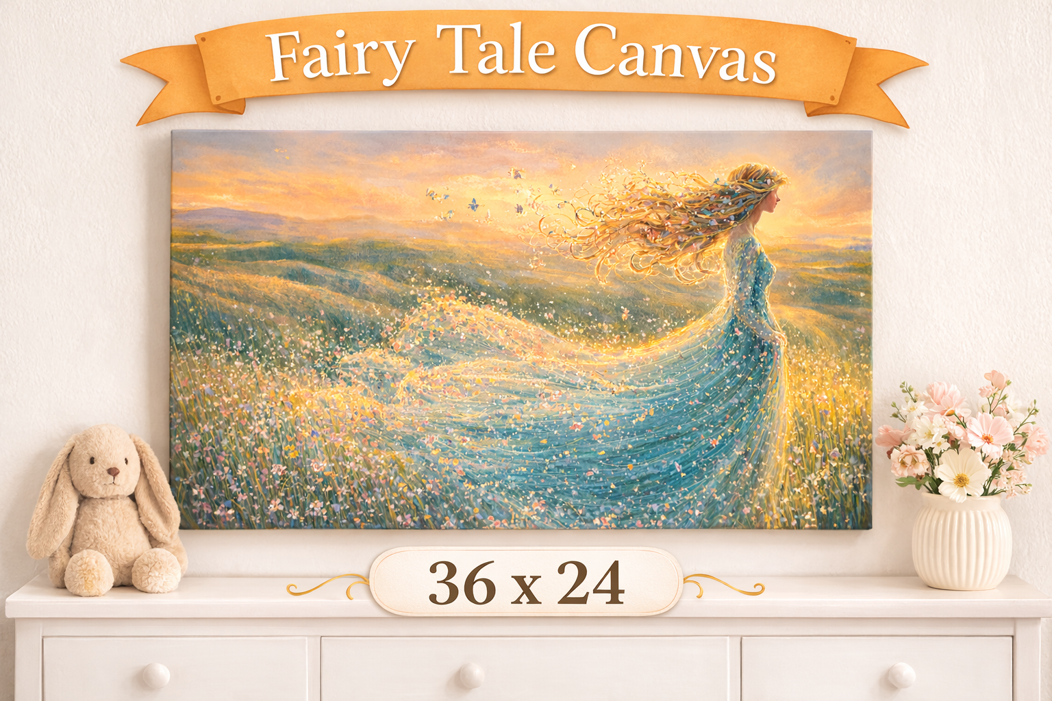 Fairy Tale Canvas Wall Art | Princess  Canvas Print | Girls Nursery Wall Decor | Enchanted Meadow Artwork | Magical Bedroom Decor | 36 x 24