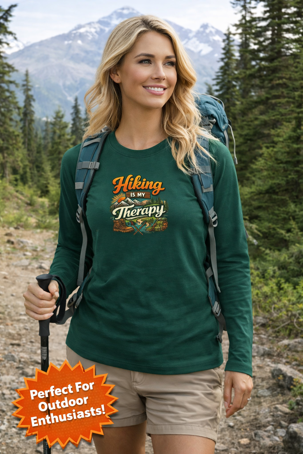 Women's Hiking Is My Therapy Long Sleeve Shirt | Funny Hiking Tee | Outdoor Nature Lover Gift | Camping Trail Top | 7 colors - 100% cotton