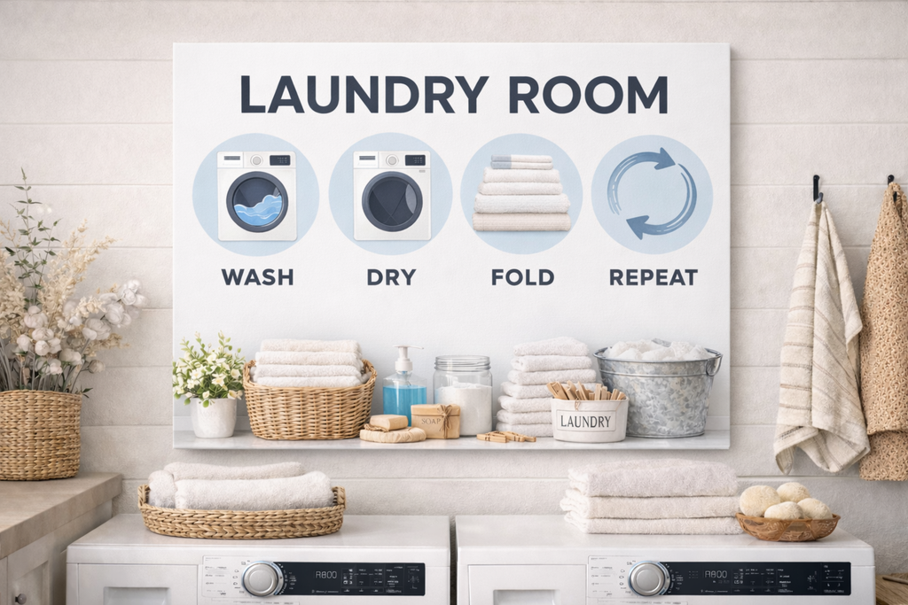Modern Laundry Room Wall Art Canvas | Wash Dry Fold Repeat Laundry Sign | Minimalist Laundry Room Decor |  18 x 12
