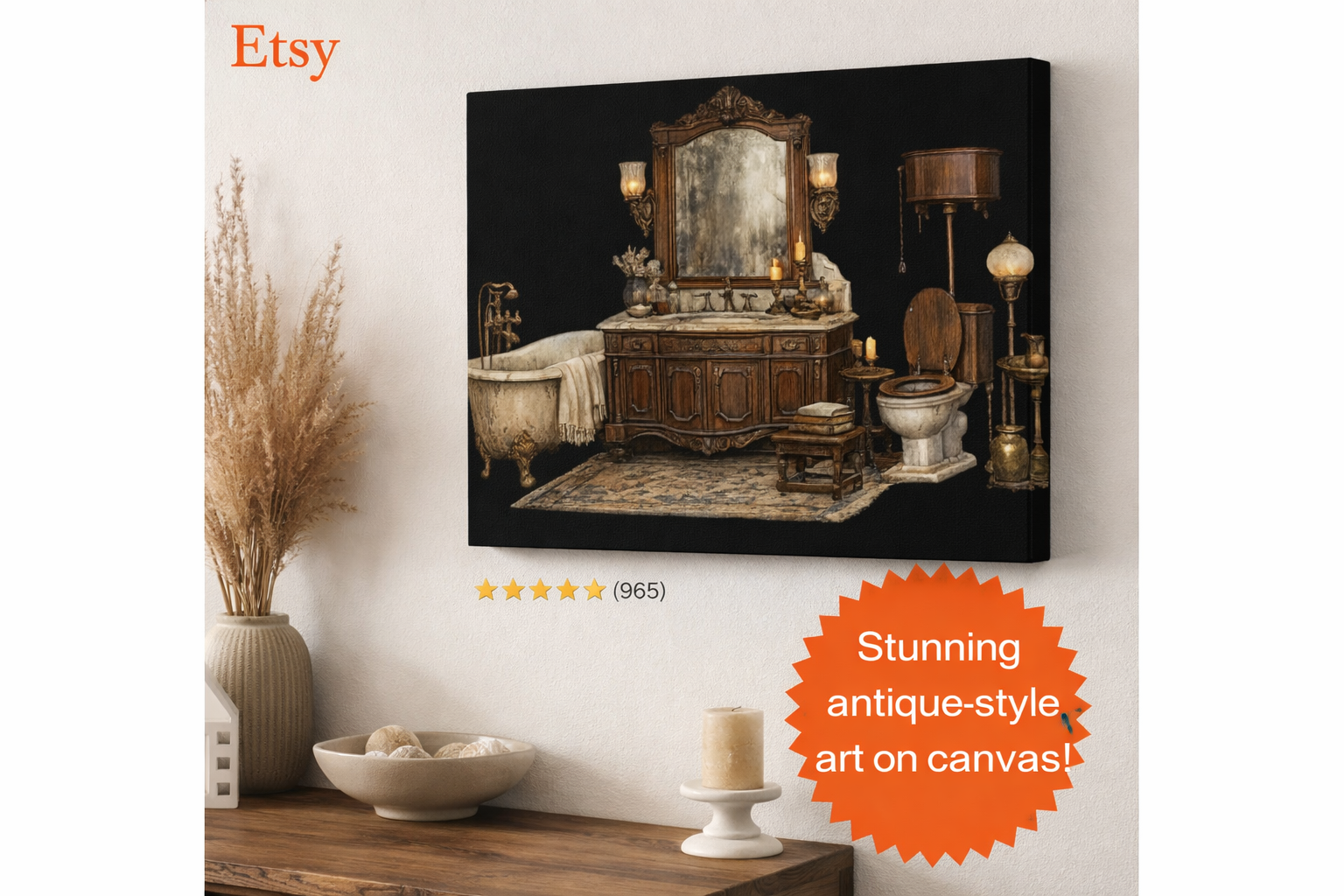 Antique Bathroom Canvas Art | Vintage Clawfoot Tub Wall Art | Rustic Bathroom Decor | Farmhouse Bath Wall Canvas | Available in 2 Sizes