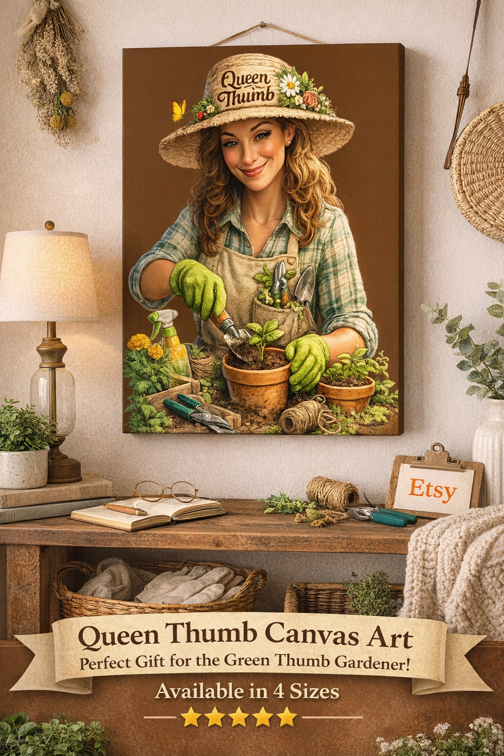 Queen Thumb Canvas Wall Art, Gardening Lady Canvas Print, Garden Lover Gift, Rustic Farmhouse Decor, Green Thumb Wall Decor