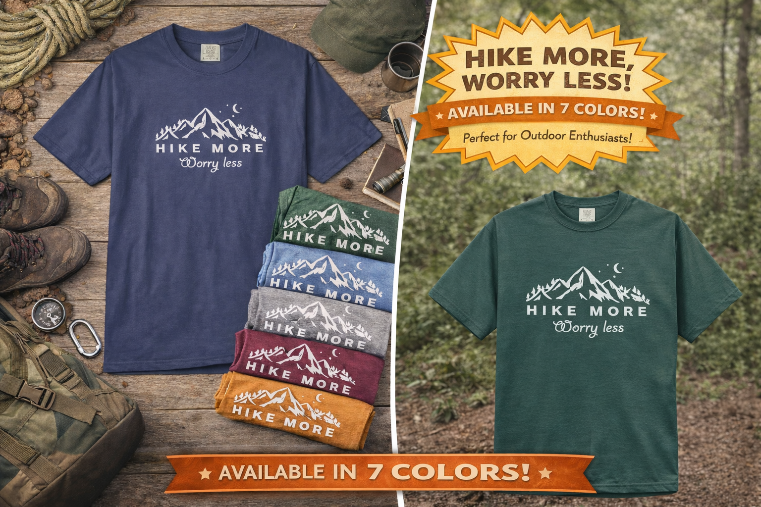 Hike More Worry Less Shirt Hiking TShirt | Outdoor Adventure Tee | Mountain Nature Lover Gift | Hiking Tee | 7 colors - 100% cotton