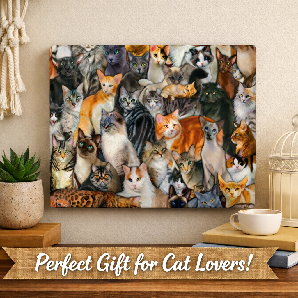 Cat Collage Canvas Wall Art | Colorful Cat Breeds Canvas Print | Cat Lover Gift | Kitten Wall Decor | Pet Lover Art  | 12" x 9"