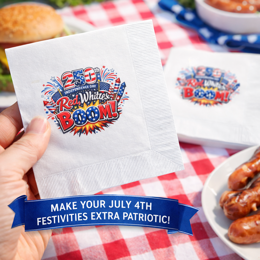 Red White & Boom Napkins | USA 250th Anniversary Napkins | 4th of July Patriotic Decor | America 250 Celebration| (50 or 100 Count) 2 sizes