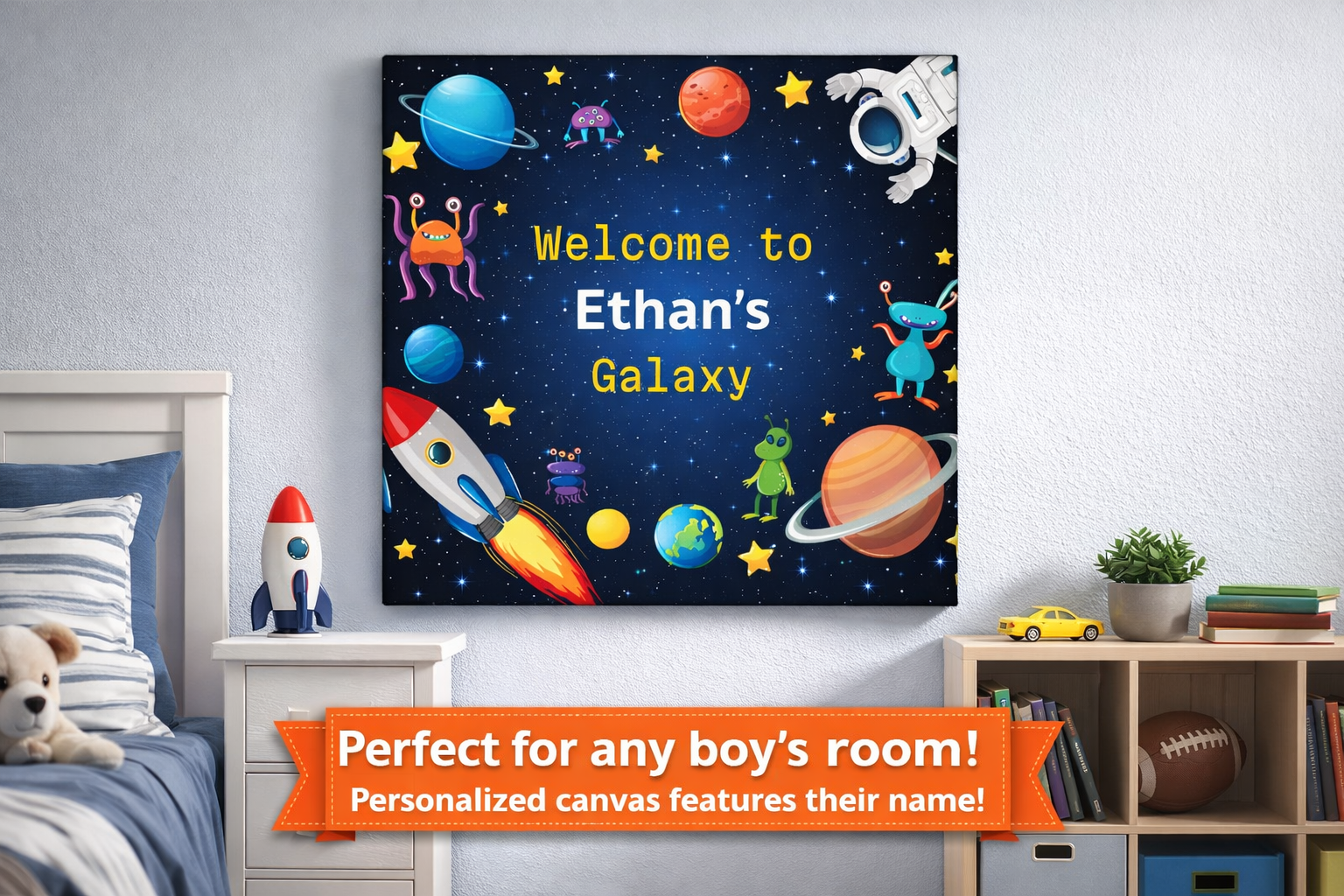 Personalized Space Canvas for Boys Room | Custom Name Galaxy Wall Art | Kids Outer Space Decor |  Boy Bedroom Gift | 2 sizes