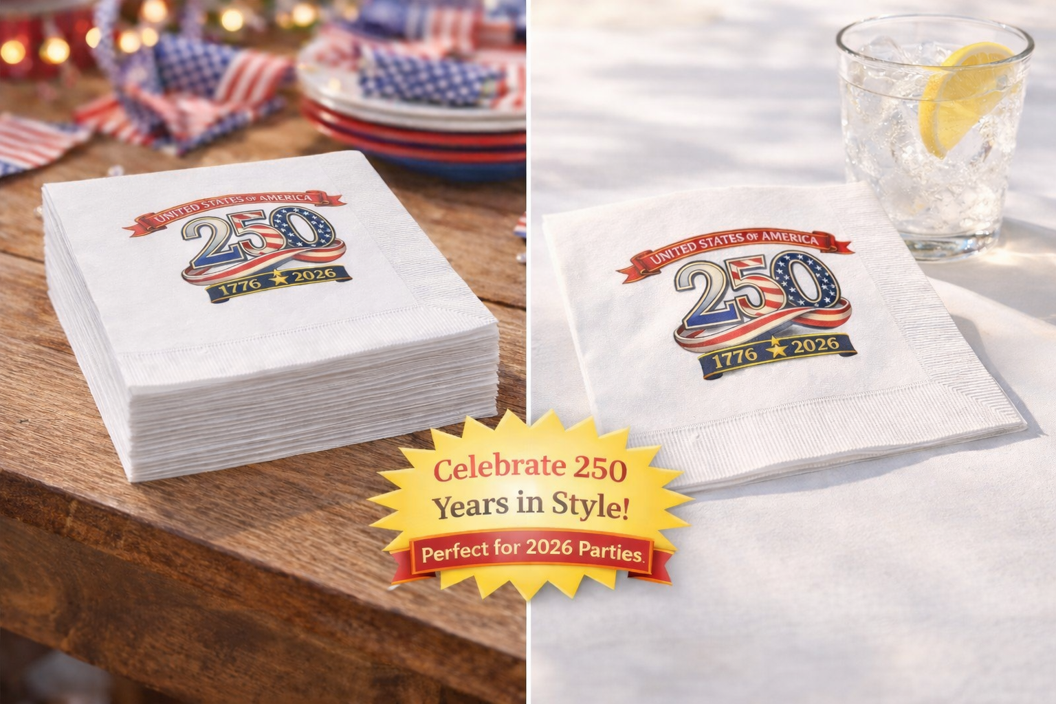USA 250th Anniversary Napkins | 1776-2026 Patriotic Party Decor | American 250 Celebration Disposable Napkins | (50 or 100 Count) 2 sizes