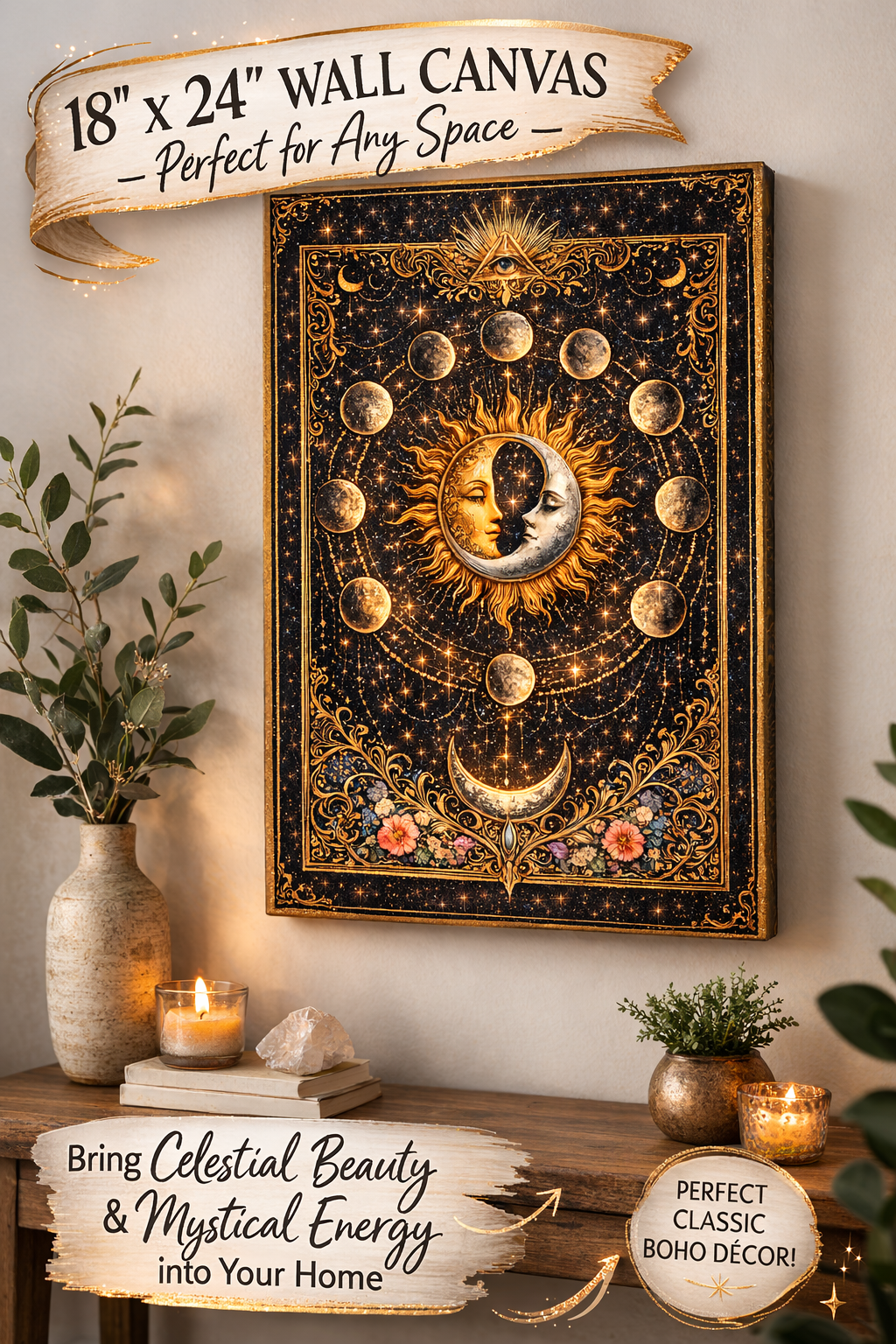 Celestial Moon Phase Canvas Wall Art | Sun Moon Wall Decor | Boho Celestial Canvas | Mystic Astrology Art | Spiritual Home Decor | 18" x 24"