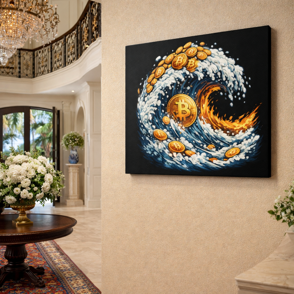 Bitcoin Wave Canvas Wall Art | Crypto Tidal Wave Artwork | Bitcoin Ocean Canvas Print | Modern Crypto Art | 12 x 9