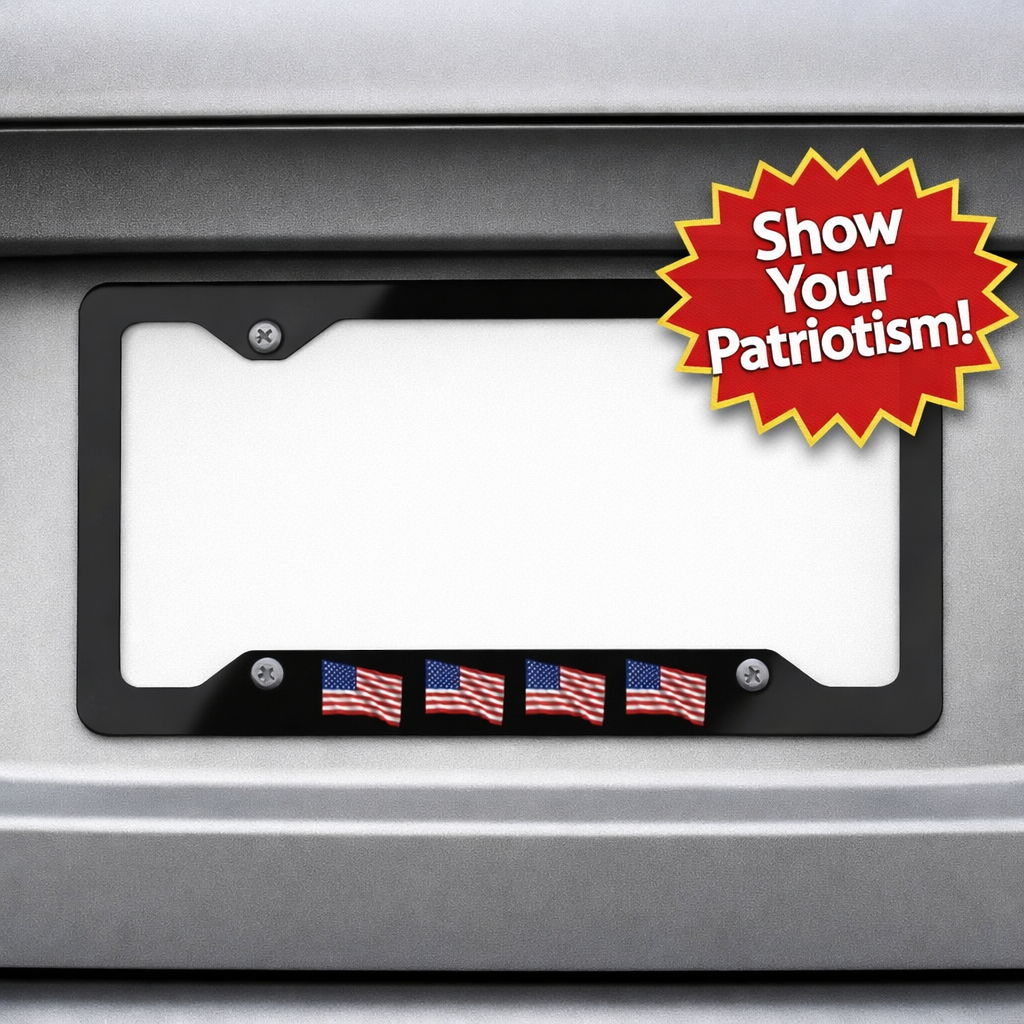 American Flag License Plate Frame | Bold Patriotic Flag Design | Glossy Aluminum | Easy Install