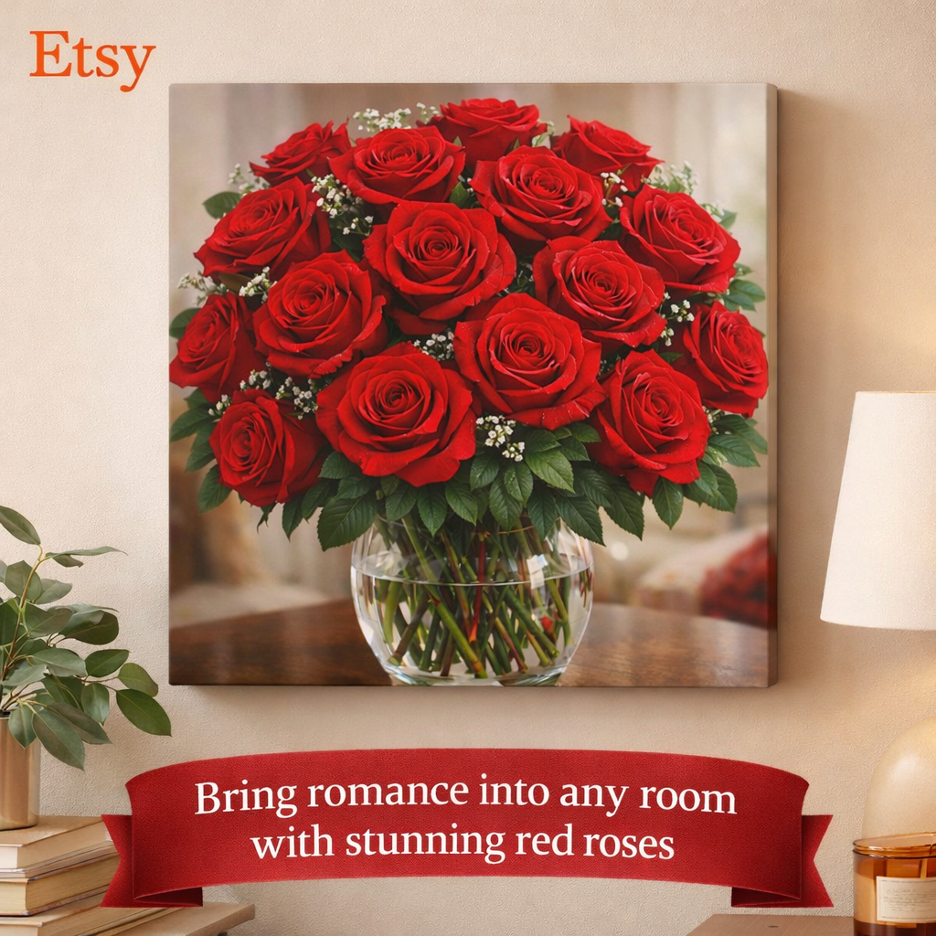 Red Roses Canvas Wall Art | Romantic Rose Bouquet Print | Floral Wall Decor | Love Gift for Her  | Valentine Roses | 16" x 16"