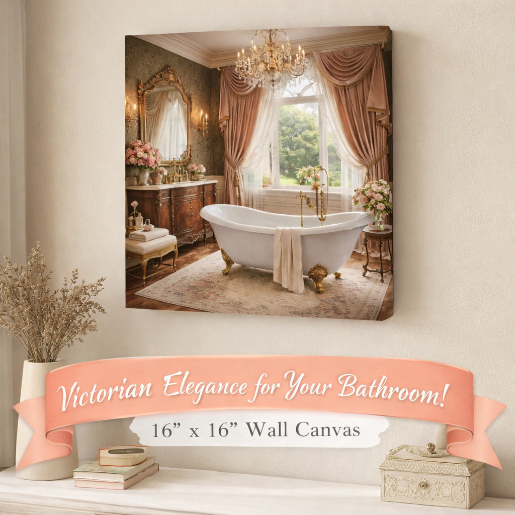 Victorian Clawfoot Tub Canvas Art | Bathroom Decor | Vintage Bathroom Wall Canvas | Romantic Victorian Bath Artwork | 16" x 16"