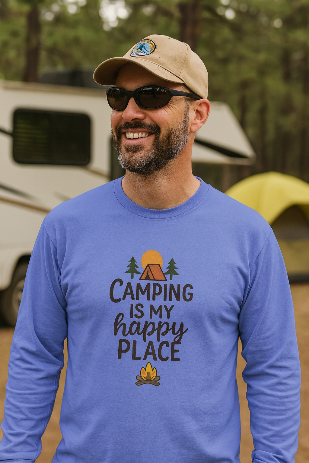 Camping Is My Happy Place Long Sleeve Tee | Campfire Trees Sun Outdoor Shirt | 4 colors - 100% cotton