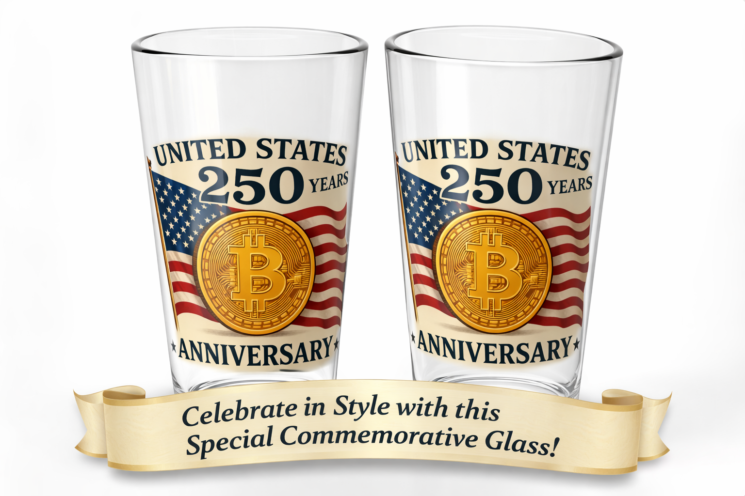 United States 250th Anniversary Pint Glass | Patriotic Bitcoin USA Glass | American Independence Commemorative Barware | 16oz Pint Glass