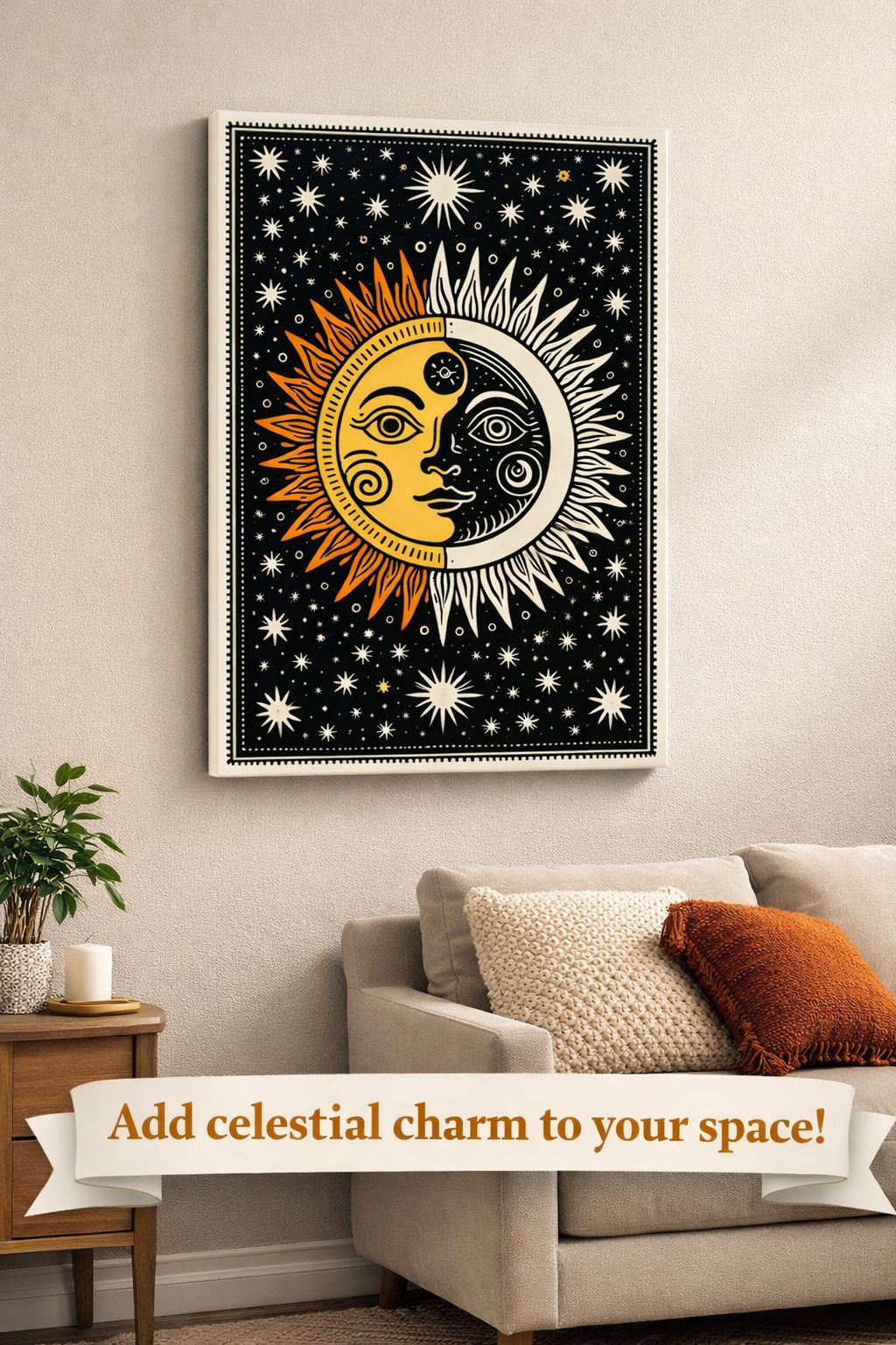 Sun Moon Celestial Canvas Wall Art | Mystic Boho Print | Vintage Celestial Decor | Astrology Night Sky Art | Sun Moon Canvas | 18" x 24"