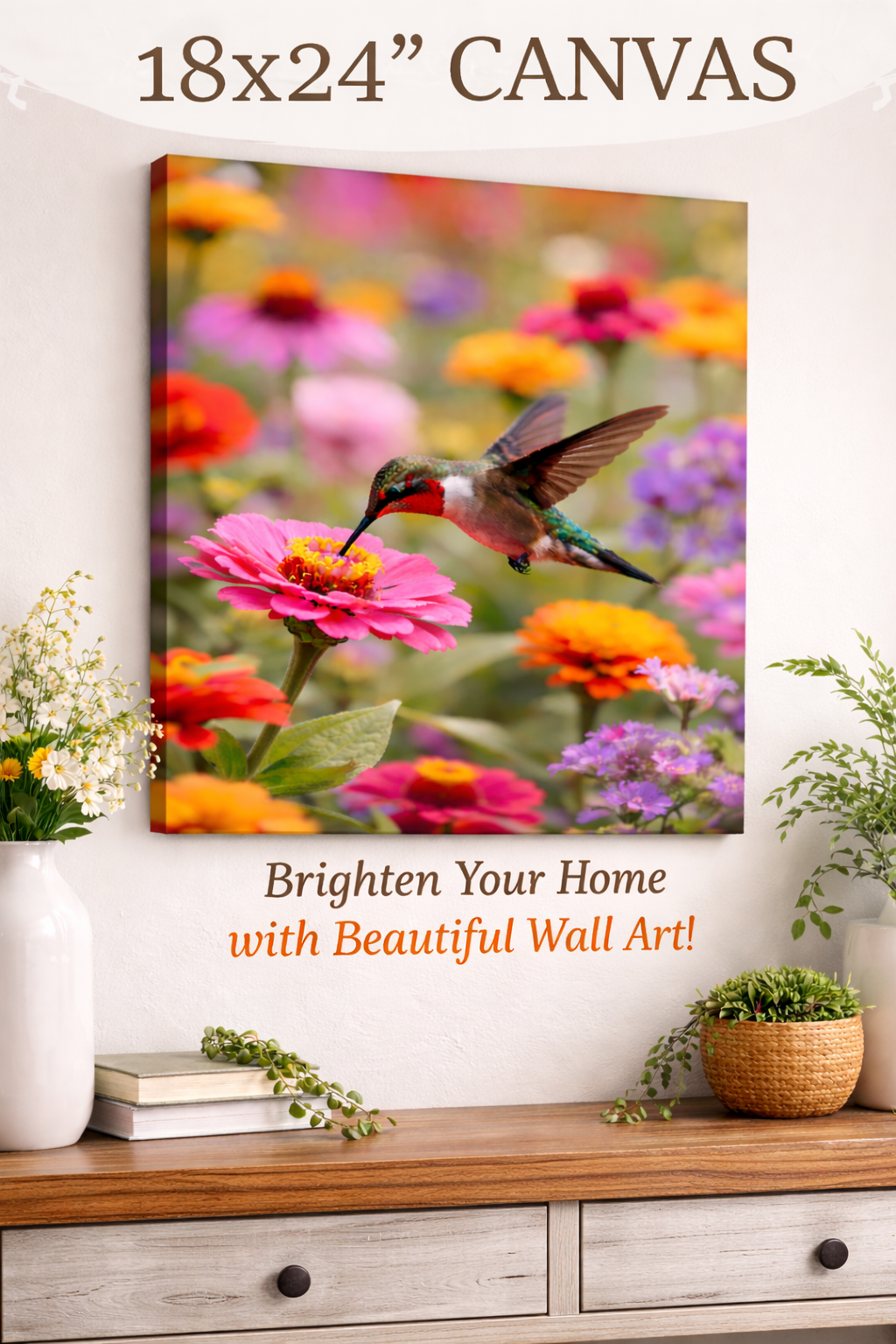Hummingbird Flower Canvas Print | Colorful Garden Wall Art | Nature Bird Canvas Decor | 18" x 24"