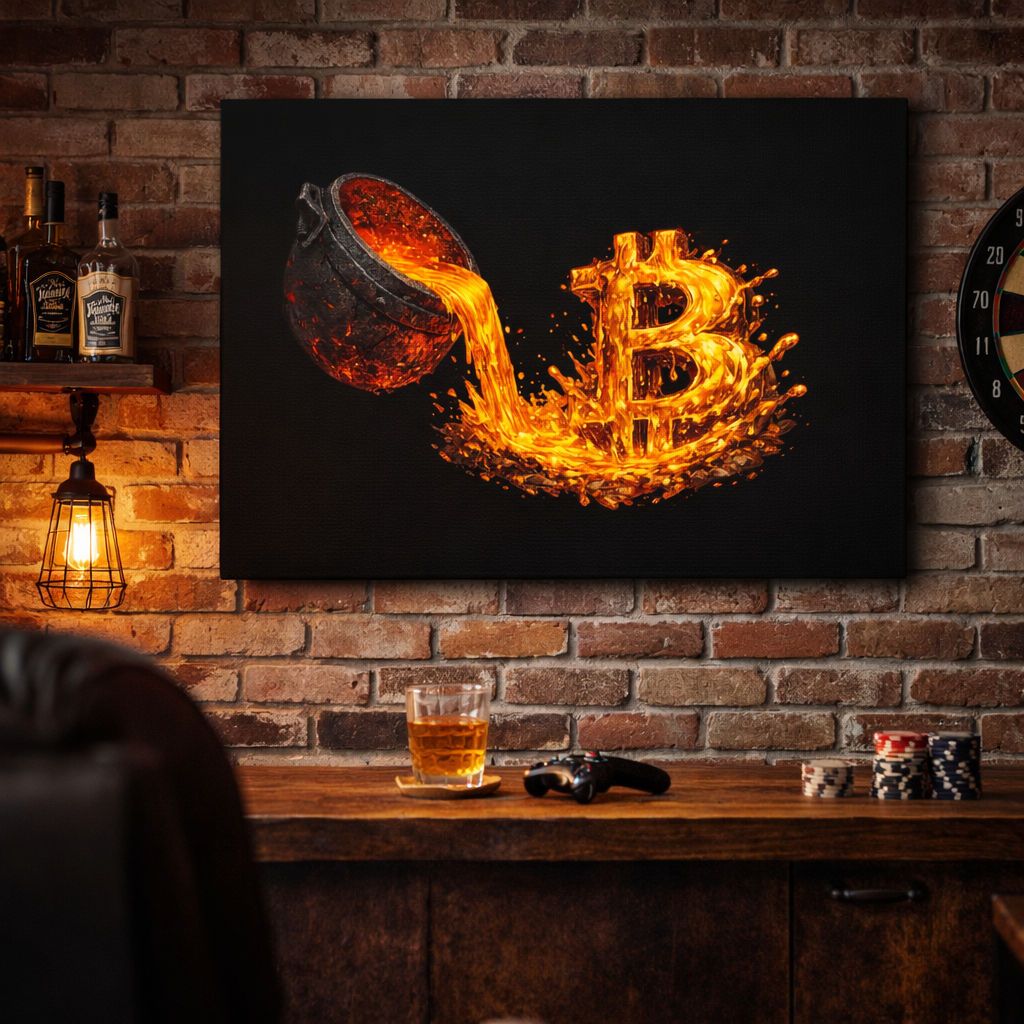 Molten Bitcoin Pour Canvas | Bitcoin Wall Art | 12 x 9