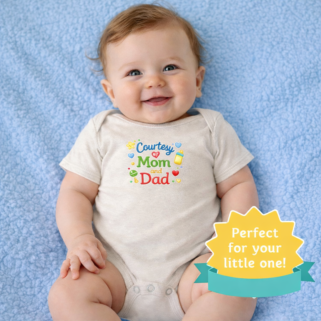 Courtesy of Mom and Dad Baby Onesie | Cute Baby Shower Gift | Infant Outfit for Boys or Girls | Baby Announcement Outfit | 7 colors