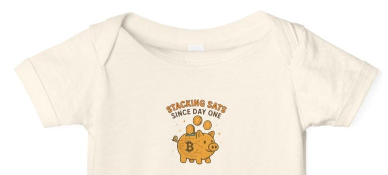 Bitcoin Baby Onesie | Stacking Sats Since Day One | Cute Crypto Piggy Bank Bodysuit | 6 colors - 100% cotton