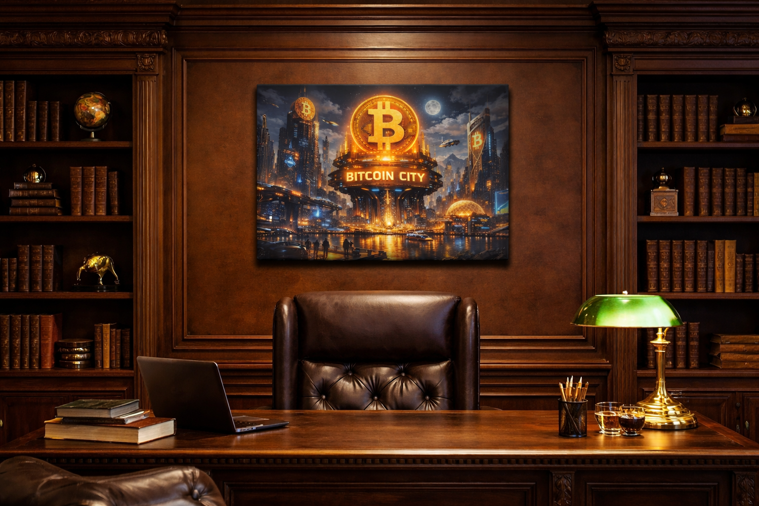 Bitcoin City Futuristic Skyline Canvas | Solid Pine Frame 24 x 20