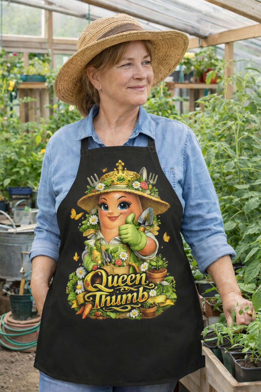 Queen Thumb Gardening Apron | Funny Garden Gift for Women | Greenhouse Apron | Gift for Gardener | Floral Black Kitchen Apron