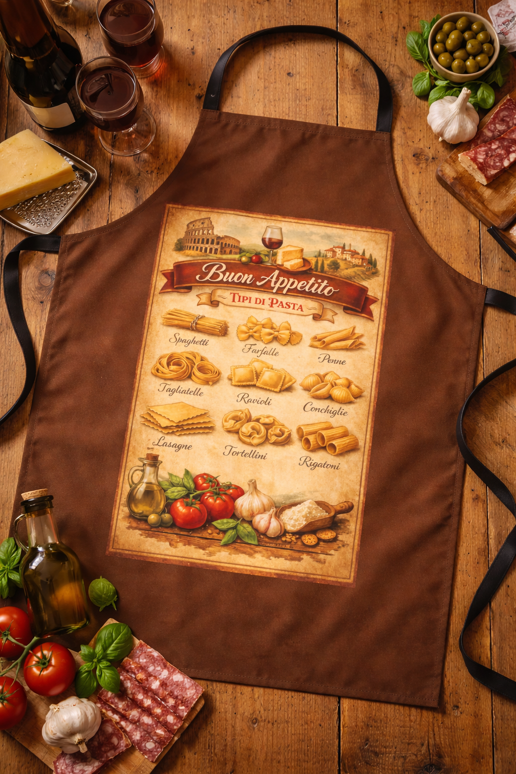 Italian Pasta Apron | Buon Appetito Kitchen Apron | Vintage Italian Chef Cooking Apron Gift | Pasta Chart Apron | Pizza Night Cooking Apron