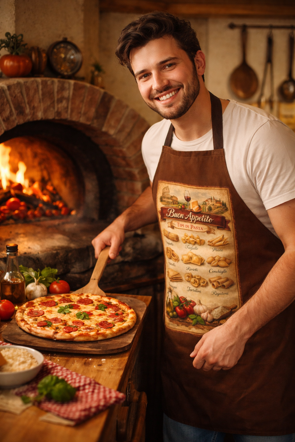 Italian Pasta Apron | Buon Appetito Kitchen Apron | Vintage Italian Chef Cooking Apron Gift | Pasta Chart Apron | Pizza Night Cooking Apron
