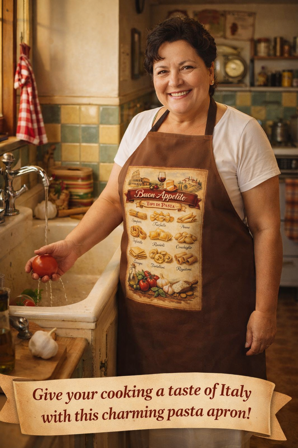 Italian Pasta Apron | Buon Appetito Kitchen Apron | Vintage Italian Chef Cooking Apron Gift | Pasta Chart Apron | Pizza Night Cooking Apron