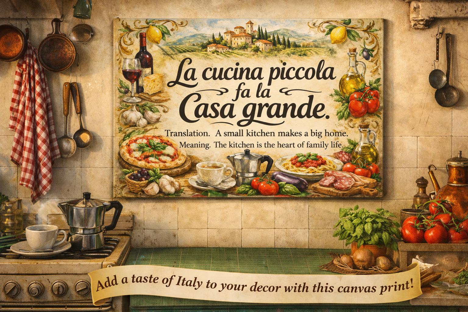Vintage Italian Kitchen Wall Art Canvas "La Cucina" | Italian Bistro Decor | Farmhouse Kitchen Canvas | Italian Style Wall Art (7 Sizes)