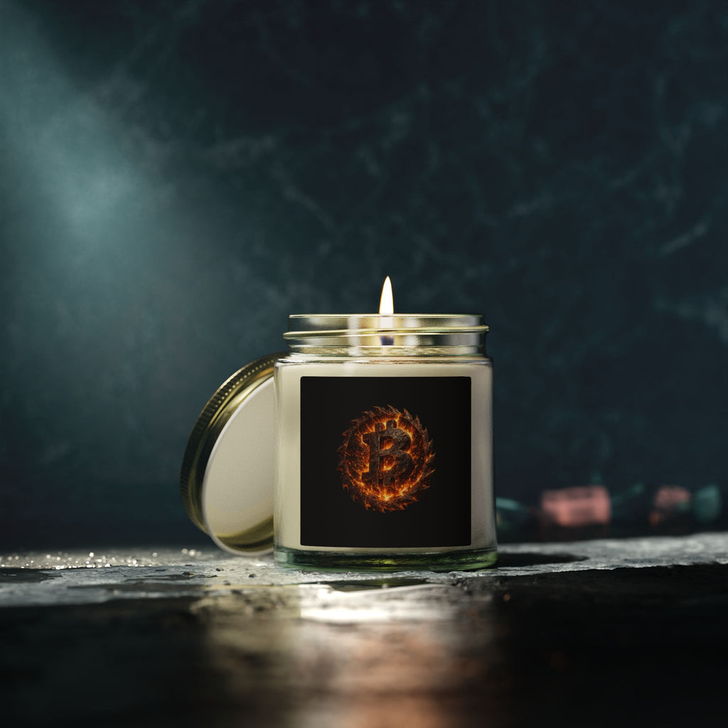 Fiery Bitcoin Logo Candle Coconut Apricot Wax Candle | 4oz 9oz