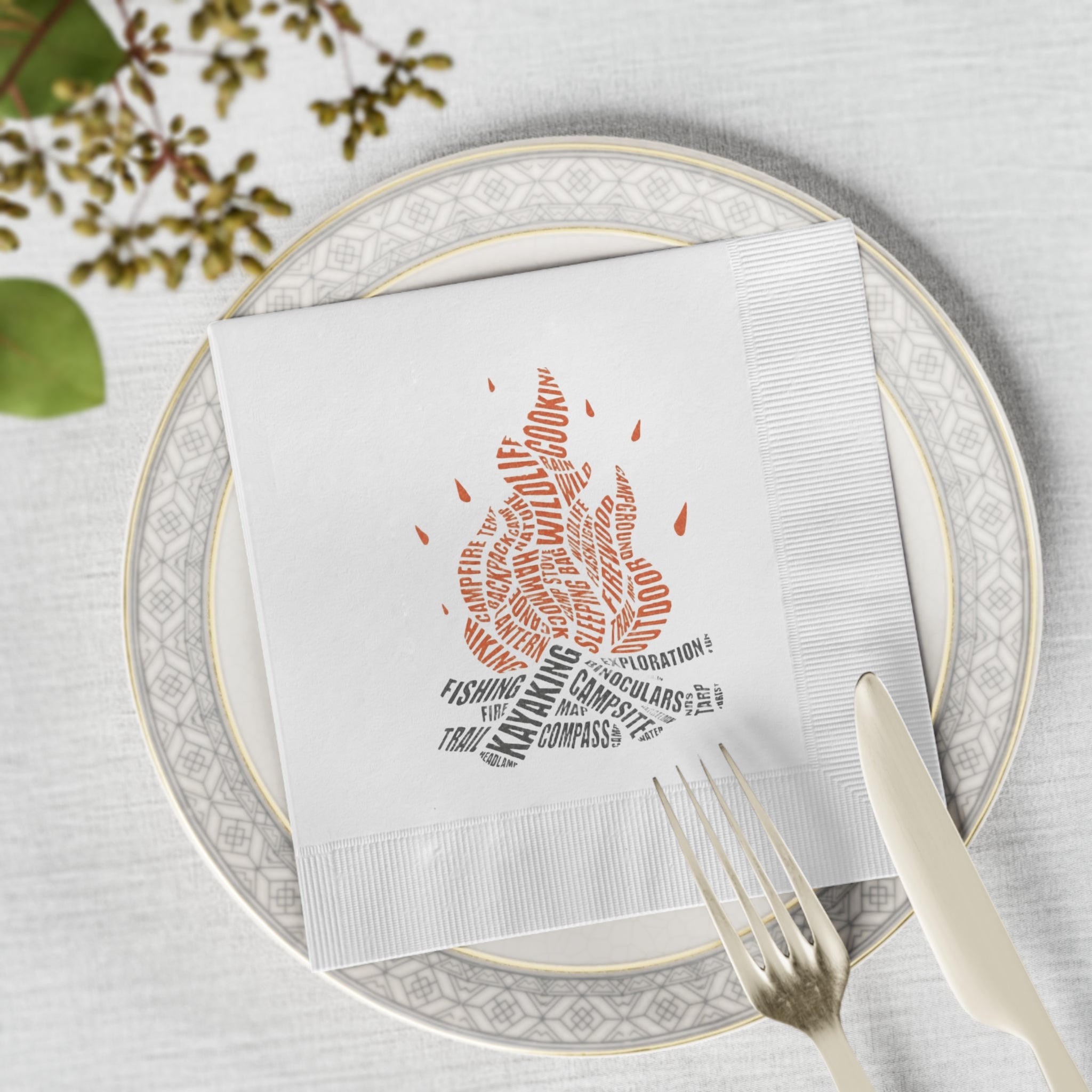 Camping Fire Word Art Napkins | Outdoor Adventure Napkins | Campfire Party Decor | Hiking & Camping Tableware | (50 or 100 Count) 2 sizes