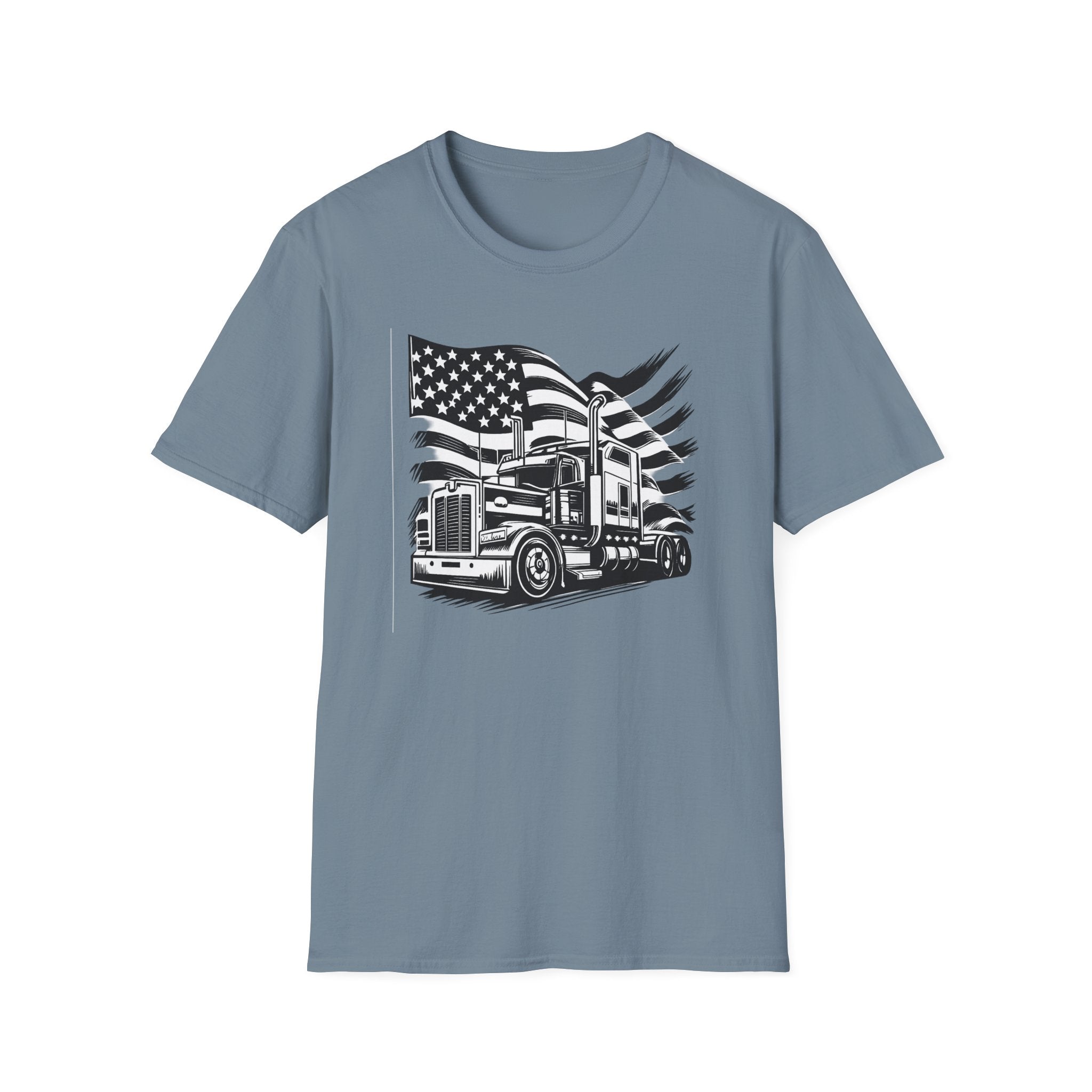 American Trucker Pride T-Shirt | Patriotic Semi Truck Graphic Tee for Truck Drivers |  USA Flag Big Rig Shirt | 5 colors - 100% cotton