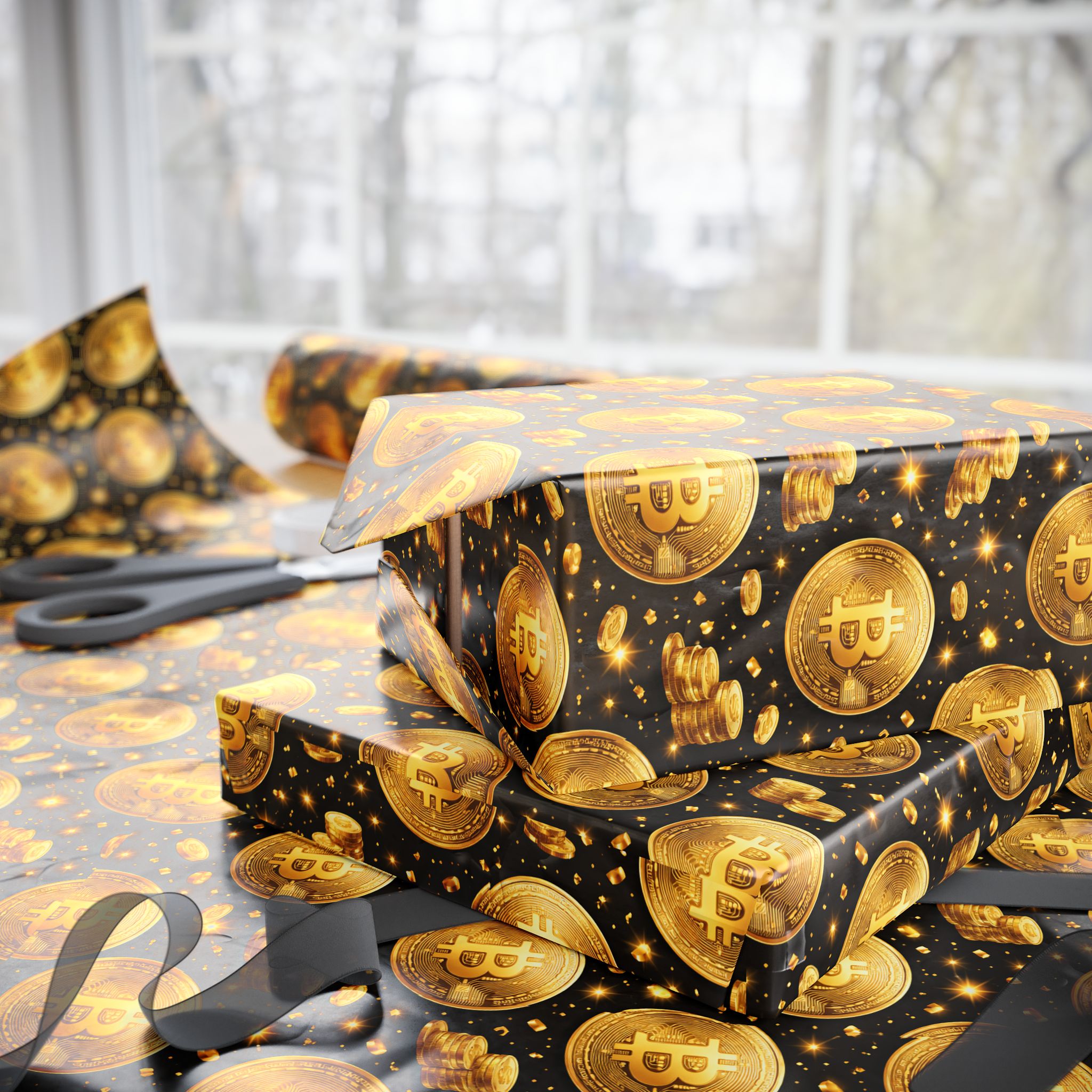 Gold Bitcoin Coins Wrapping Paper | Crypto Gift Wrap, Bitcoin Pattern | 3 lengths available - glossy or matte