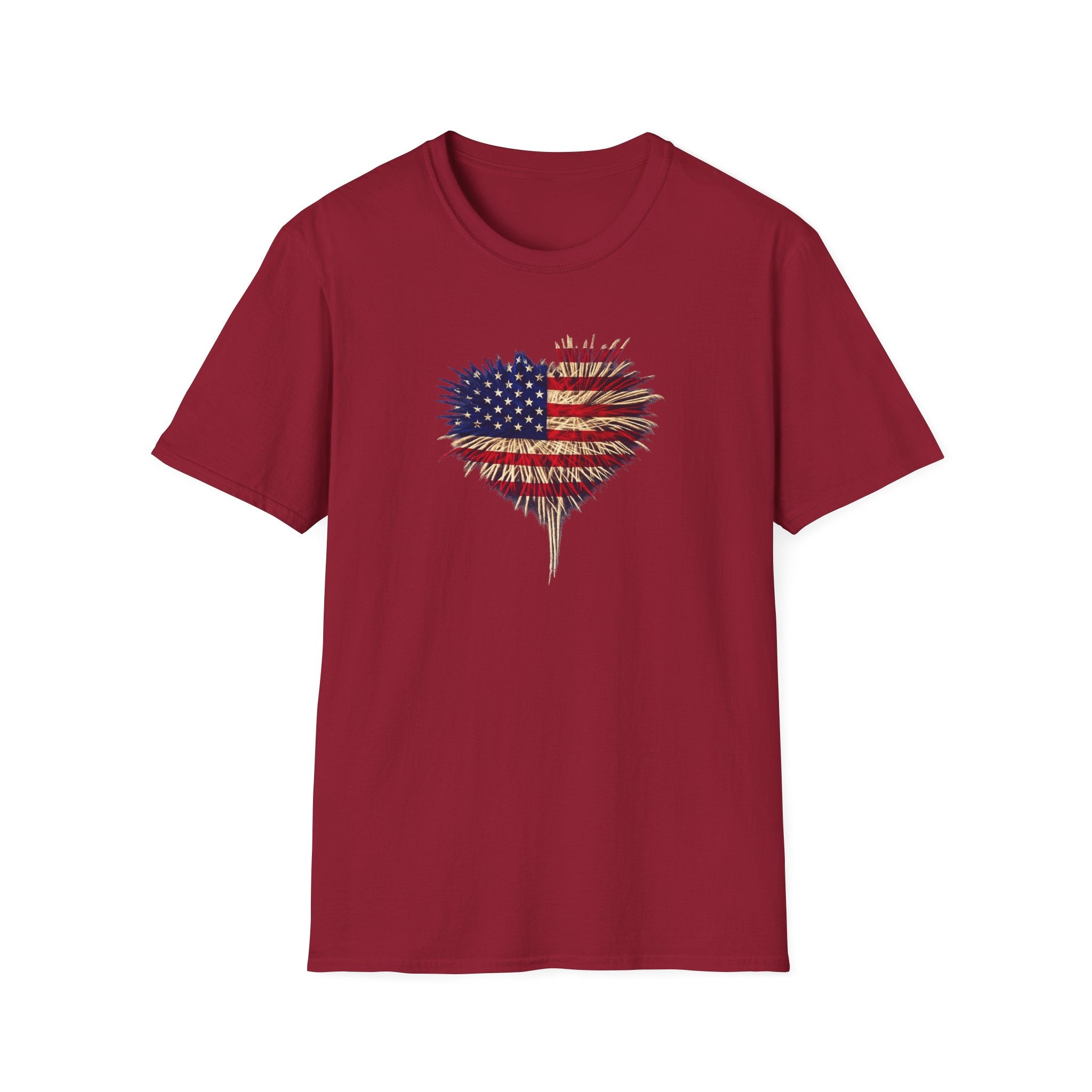 American Flag Fireworks Heart T-Shirt | Patriotic 4th of July Shirt | USA Independence Day Tee | 7 colors - 100% cotton