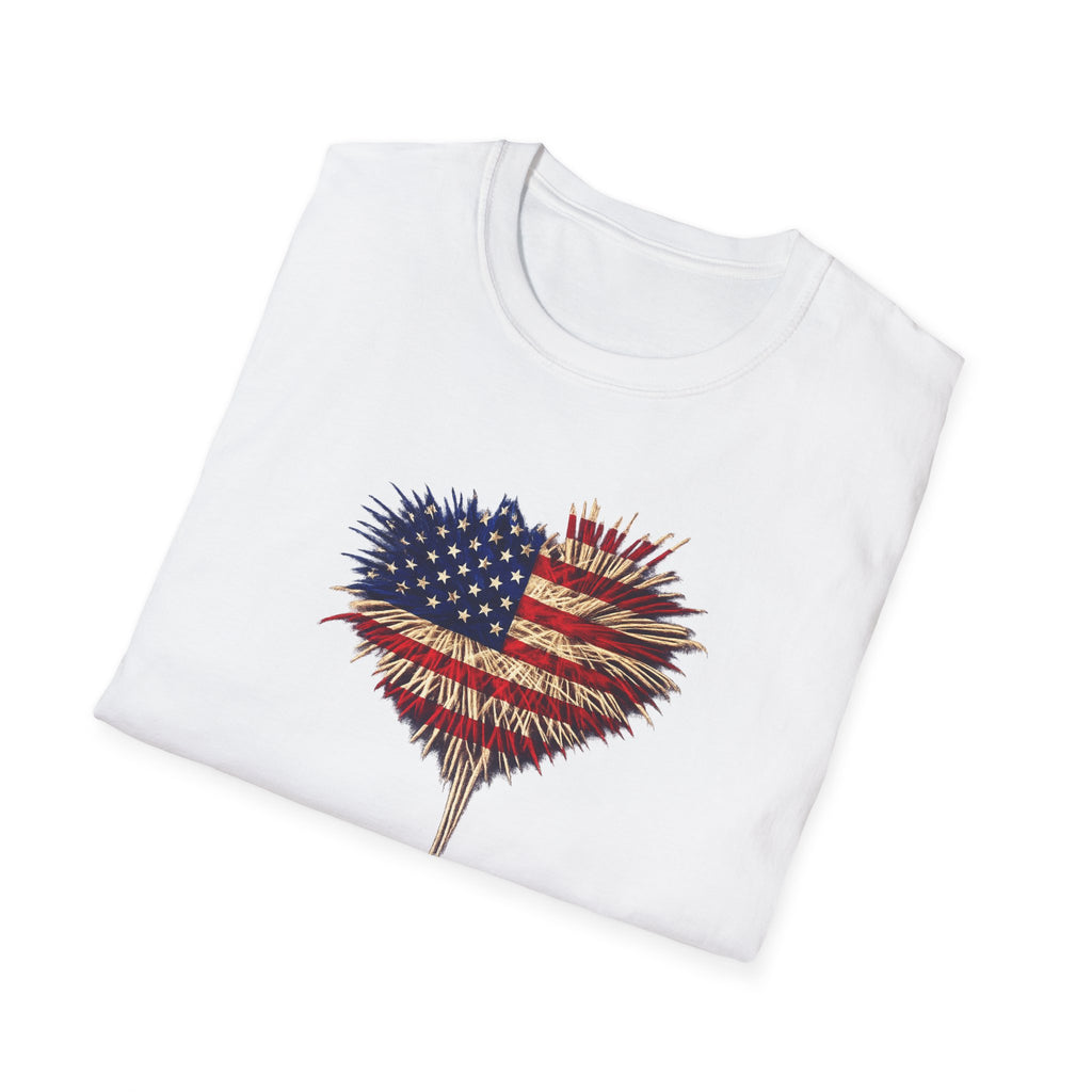 American Flag Fireworks Heart T-Shirt | Patriotic 4th of July Shirt | USA Independence Day Tee | 7 colors - 100% cotton