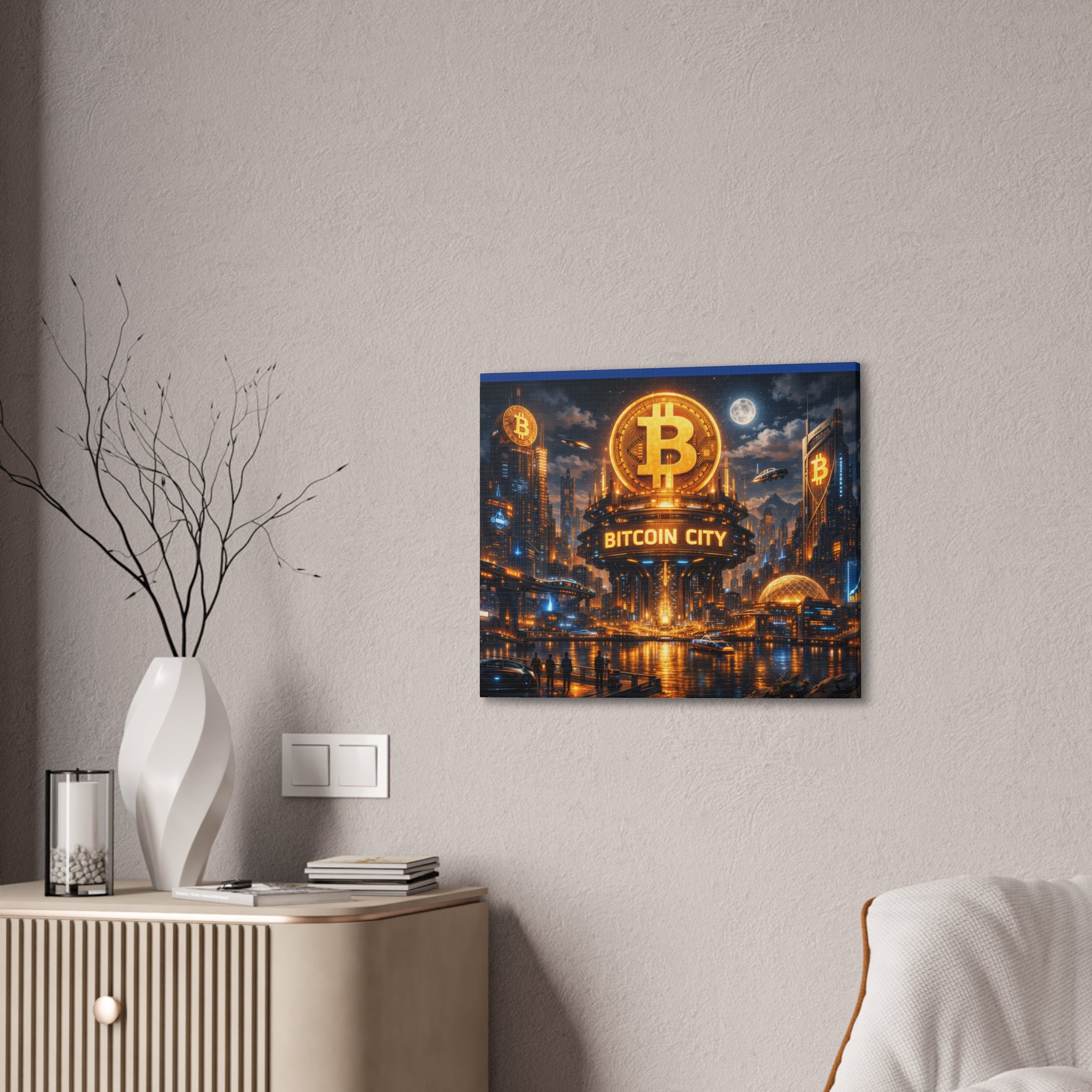 Bitcoin City Futuristic Skyline Canvas | Solid Pine Frame 24 x 20