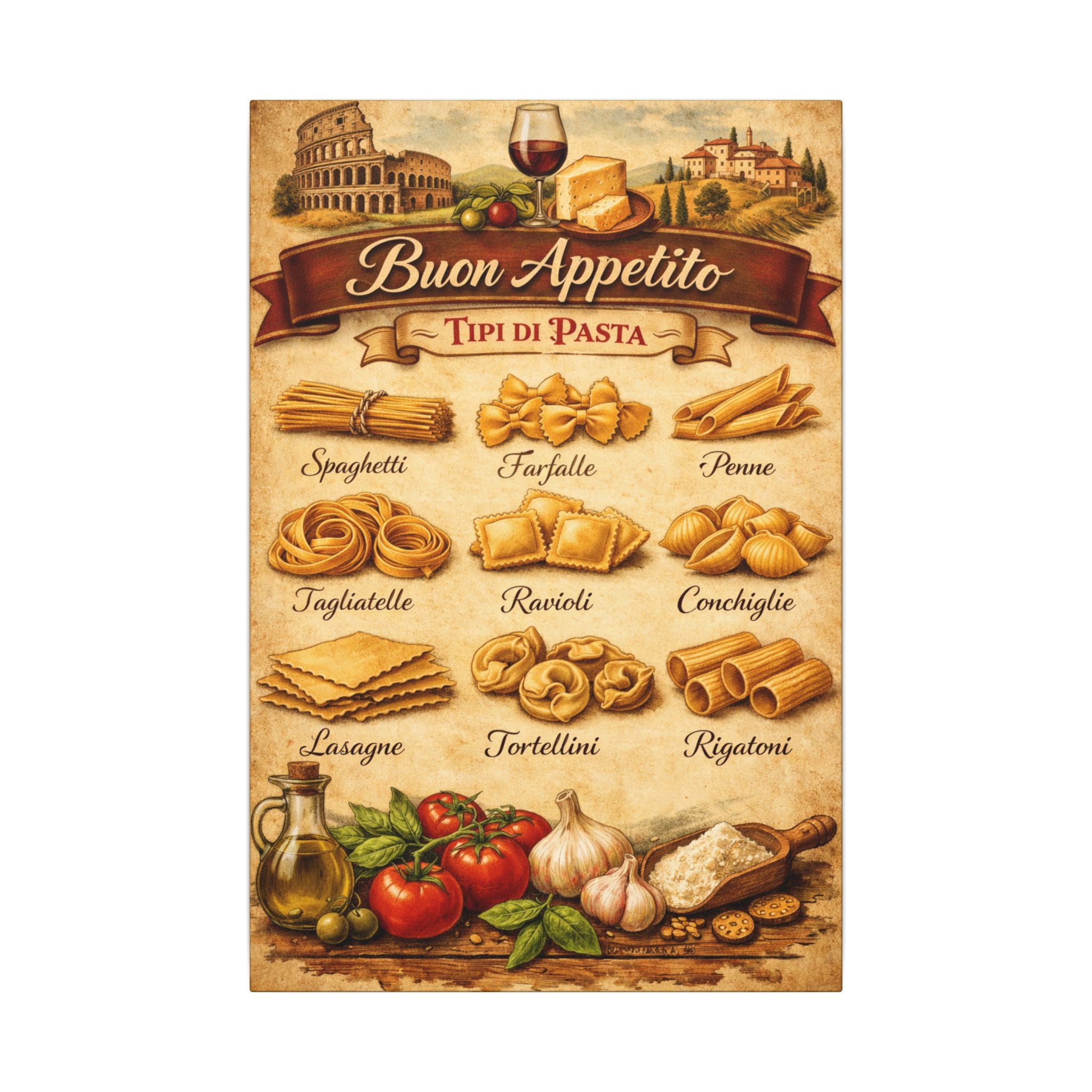 Buon Appetito Italian Pasta Chart Canvas | Italian Kitchen Decor | Pasta Types Poster | Rustic Tuscan Cooking Wall Art | 16 x 24