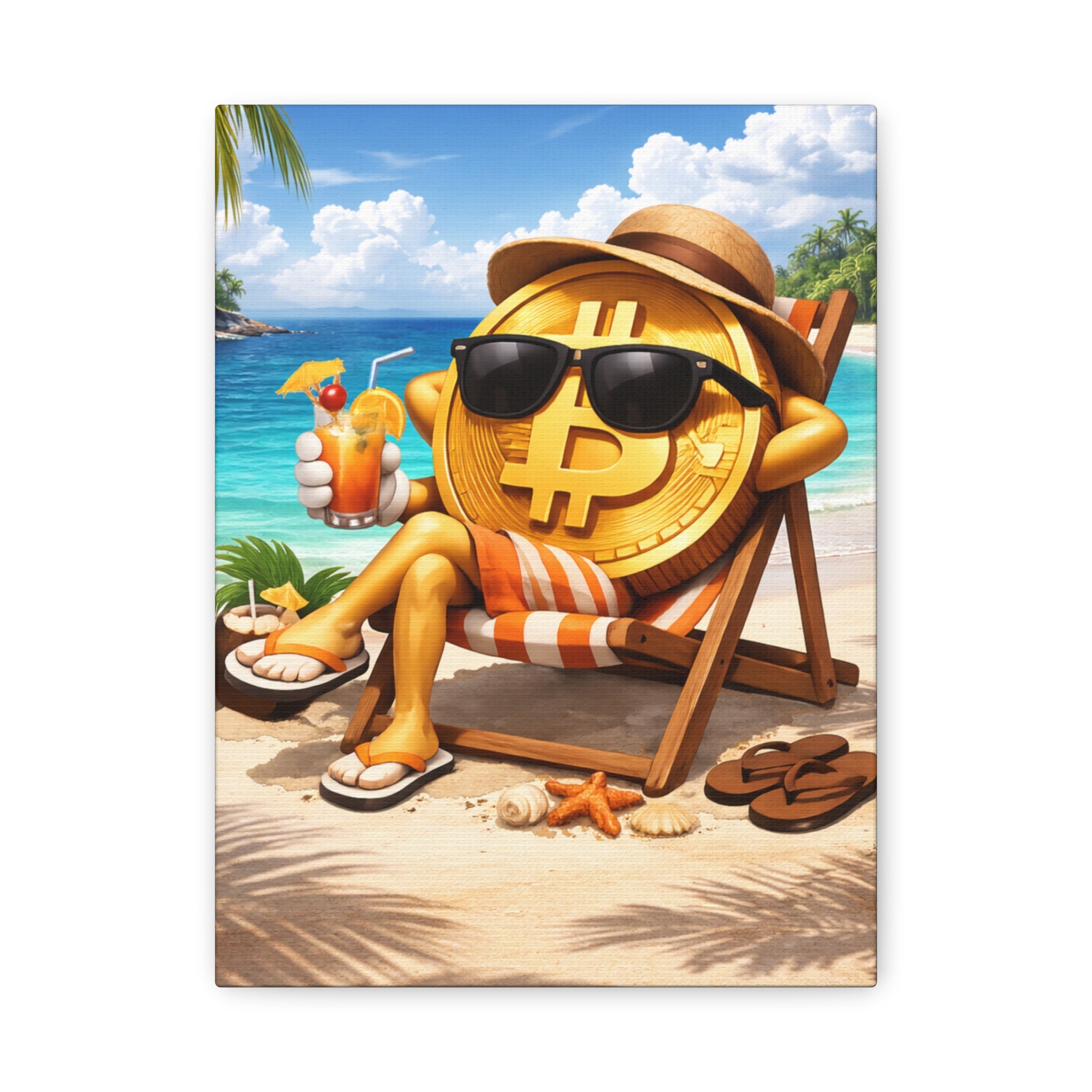 Relaxing Bitcoin Beach Canvas Wall Art | Crypto Coastal Decor | Luxury Bitcoin Artwork | Modern Digital Currency Wall Art | 9 x 12