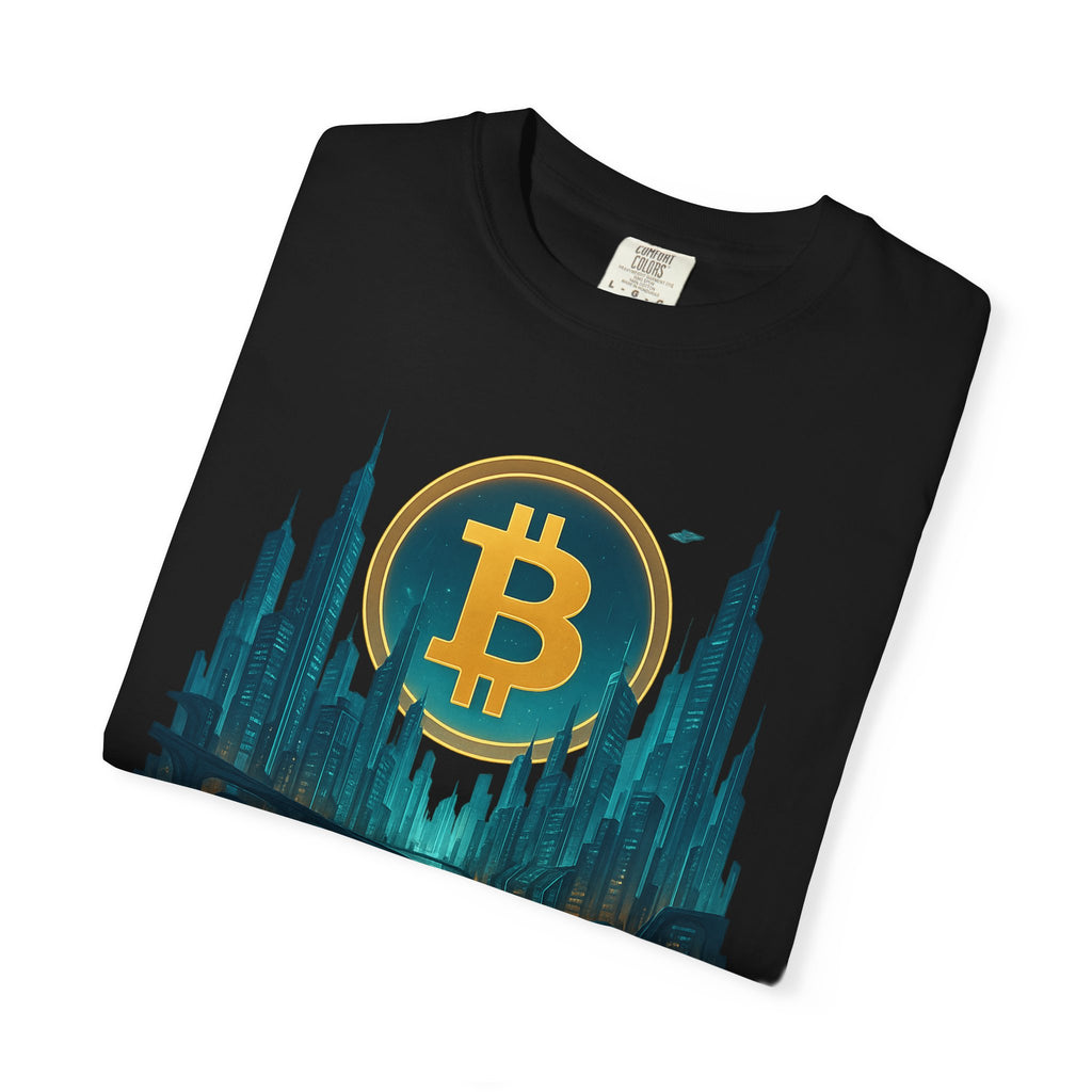 Futuristic Bitcoin City T-Shirt | Neon Crypto Skyline Tee for Bitcoin Enthusiasts | 7 Colors - 100% cotton