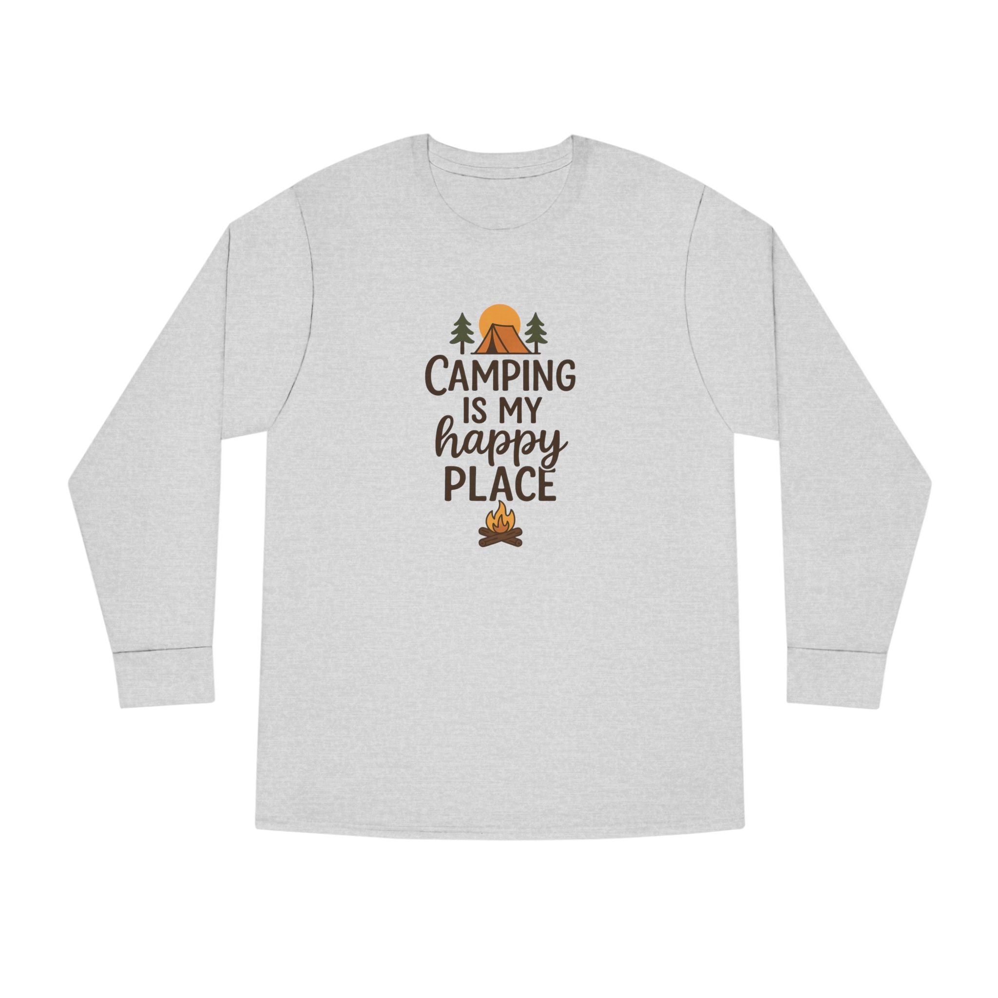 Camping Is My Happy Place Long Sleeve Tee | Campfire Trees Sun Outdoor Shirt | 4 colors - 100% cotton