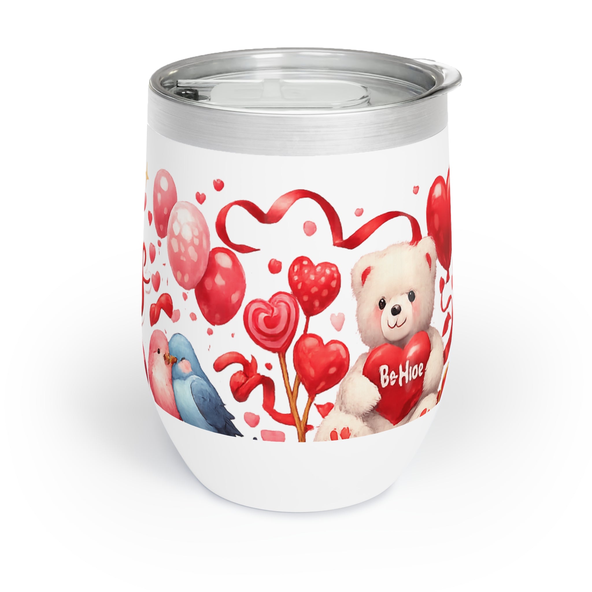 Happy Valentine's Day Wine Tumbler | Stainless Steel Insulated Wine Cooler | Cute Cupid & Hearts | Valentine Gift for Her or Him 12 oz